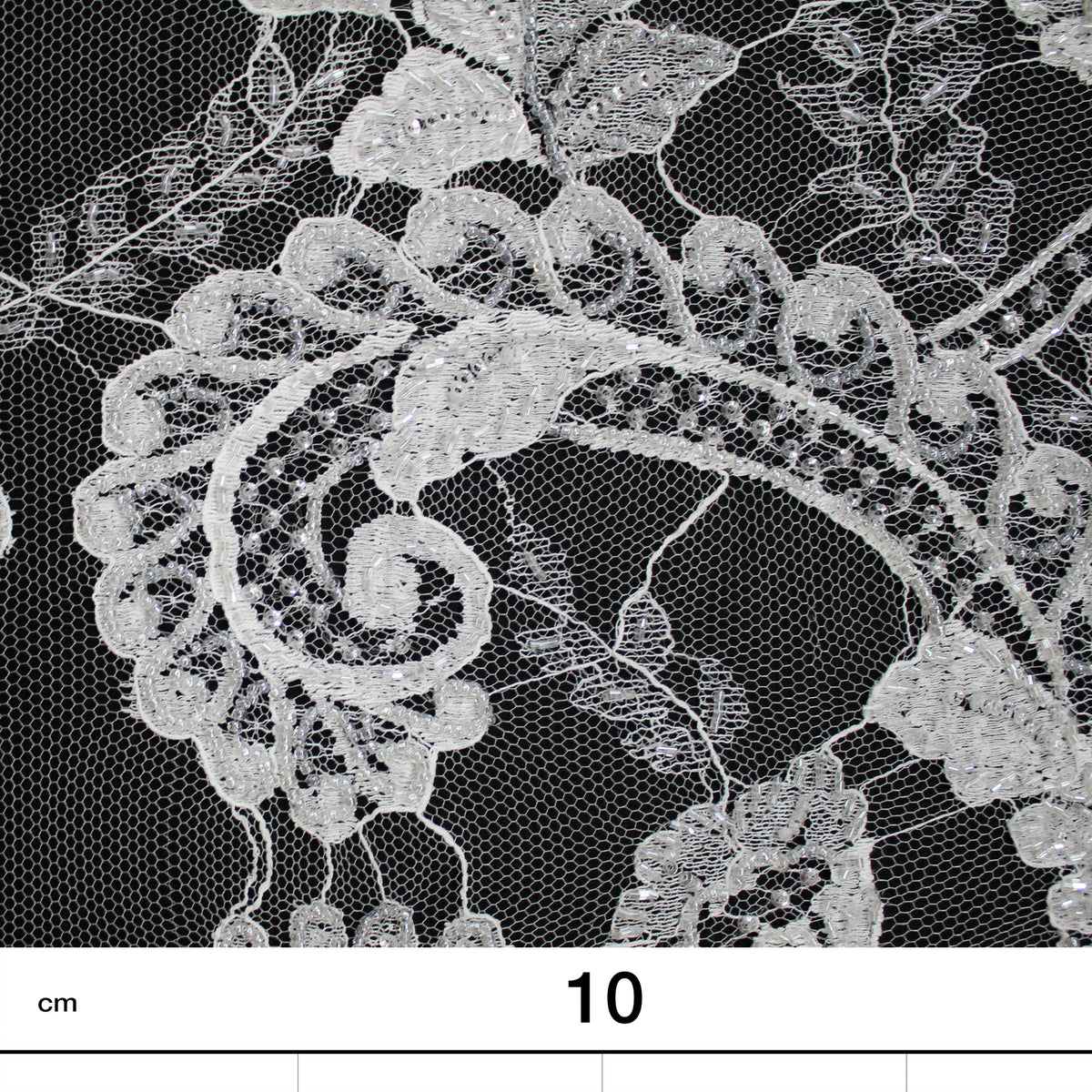 Haute Couture French Lace | Bridal Embroidered Lace with Seed Beads, Sequins, Arabesque Scrolls, Leaf Motifs & Double Border | FRI2220