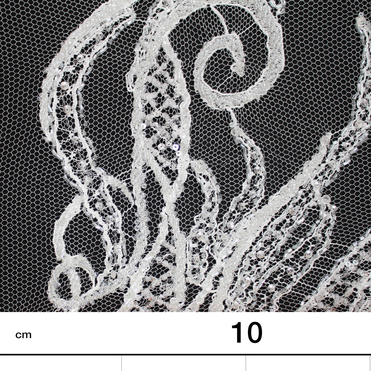 Haute Couture French Lace | Bridal Embroidered Lace with Seed Beads, Sequins, Abstract Flame-Like Lines, Gradient Patterns & Double Border | FRI2757