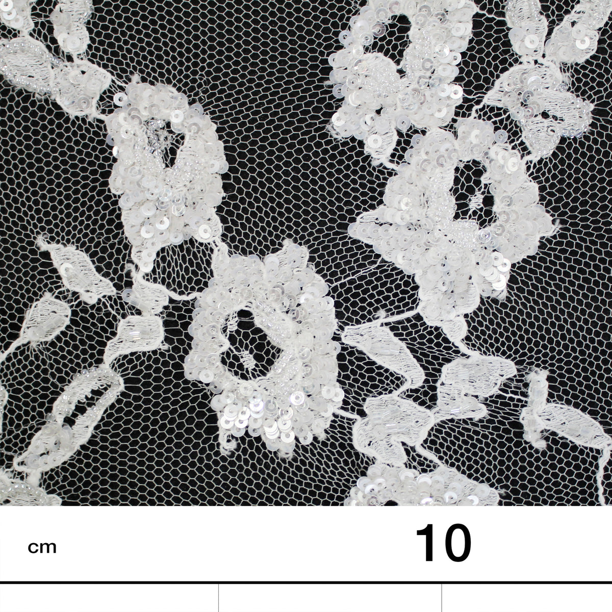Haute Couture French Lace | Bridal Embroidered Lace with Sequins, Vertical Stripe Floral Sprays & Double Scallop | FRI1755
