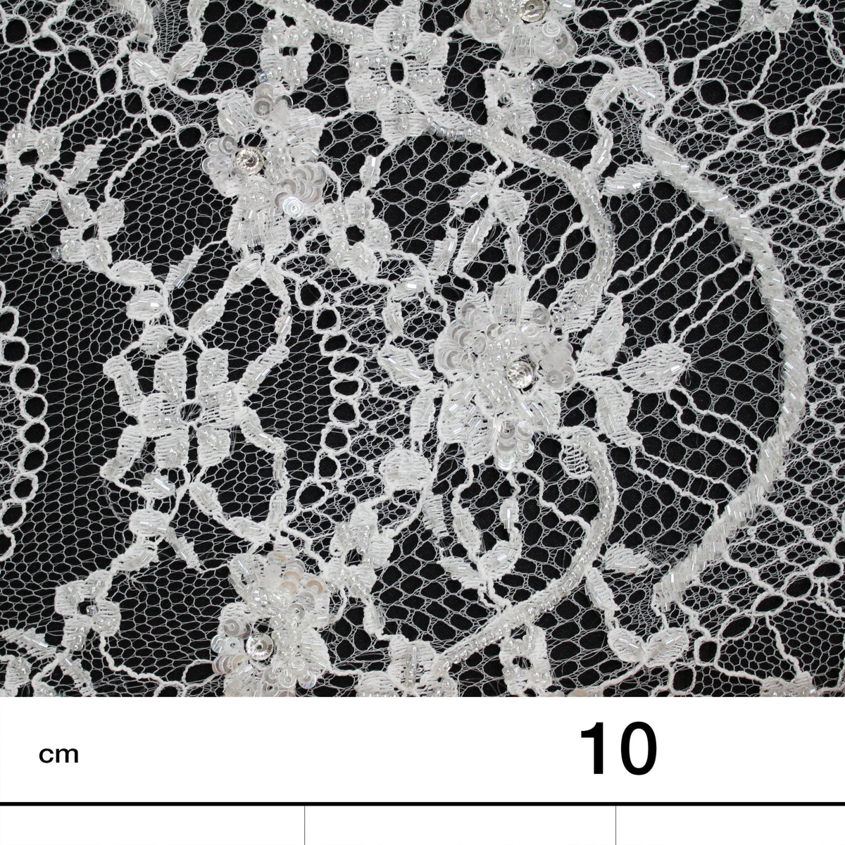 Haute Couture Lace | Bridal Embroidered Lace with Sequins, Seed Beads, Rhinestones, Vertical Wave Floral Sprays & Double Scallop | FRI3217