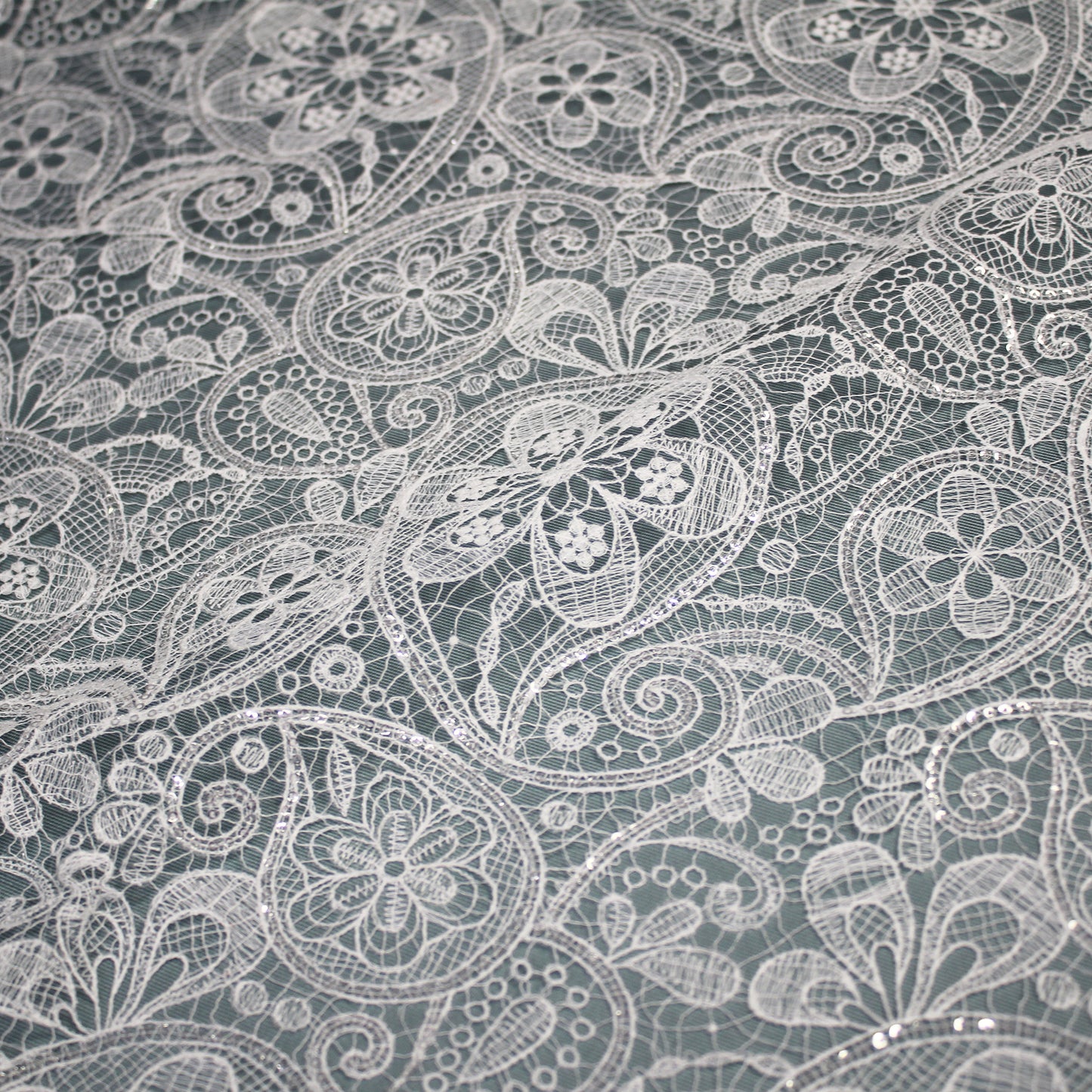 Double Border Lace Effect Netting Embroidered with Paisley and Paillettes