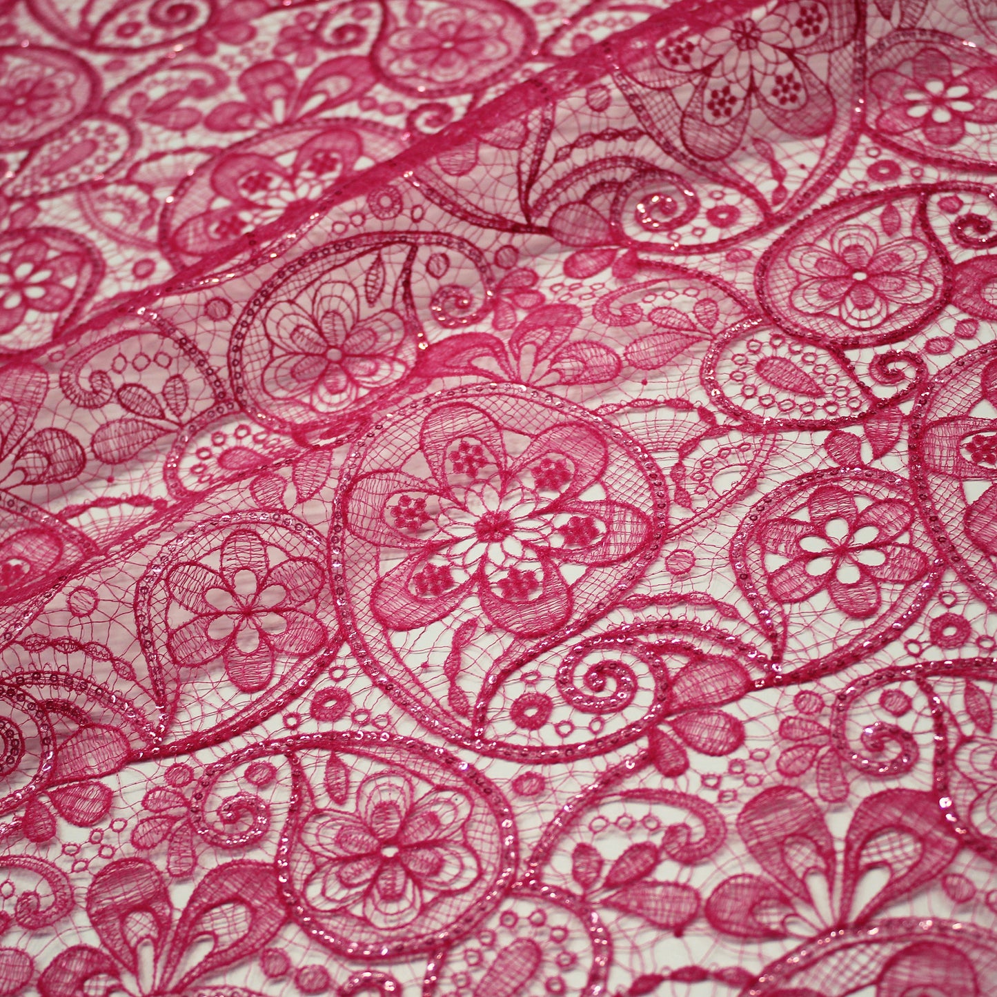 Double Border Lace Effect Netting Embroidered with Paisley and Paillettes