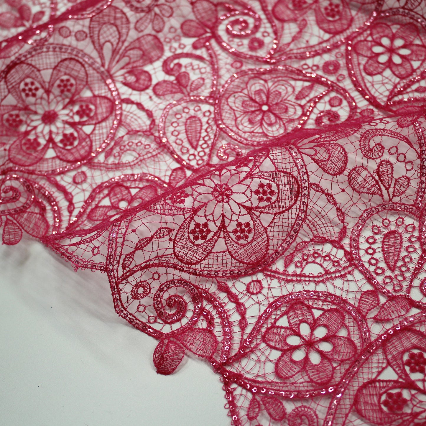 Double Border Lace Effect Netting Embroidered with Paisley and Paillettes