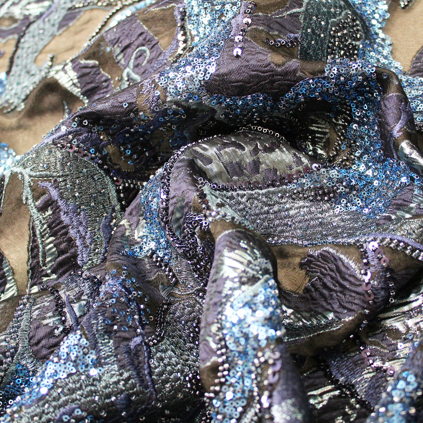 Luxury Brocade Fabric with Abstract Pattern, Paillettes, and Bead Embroidery