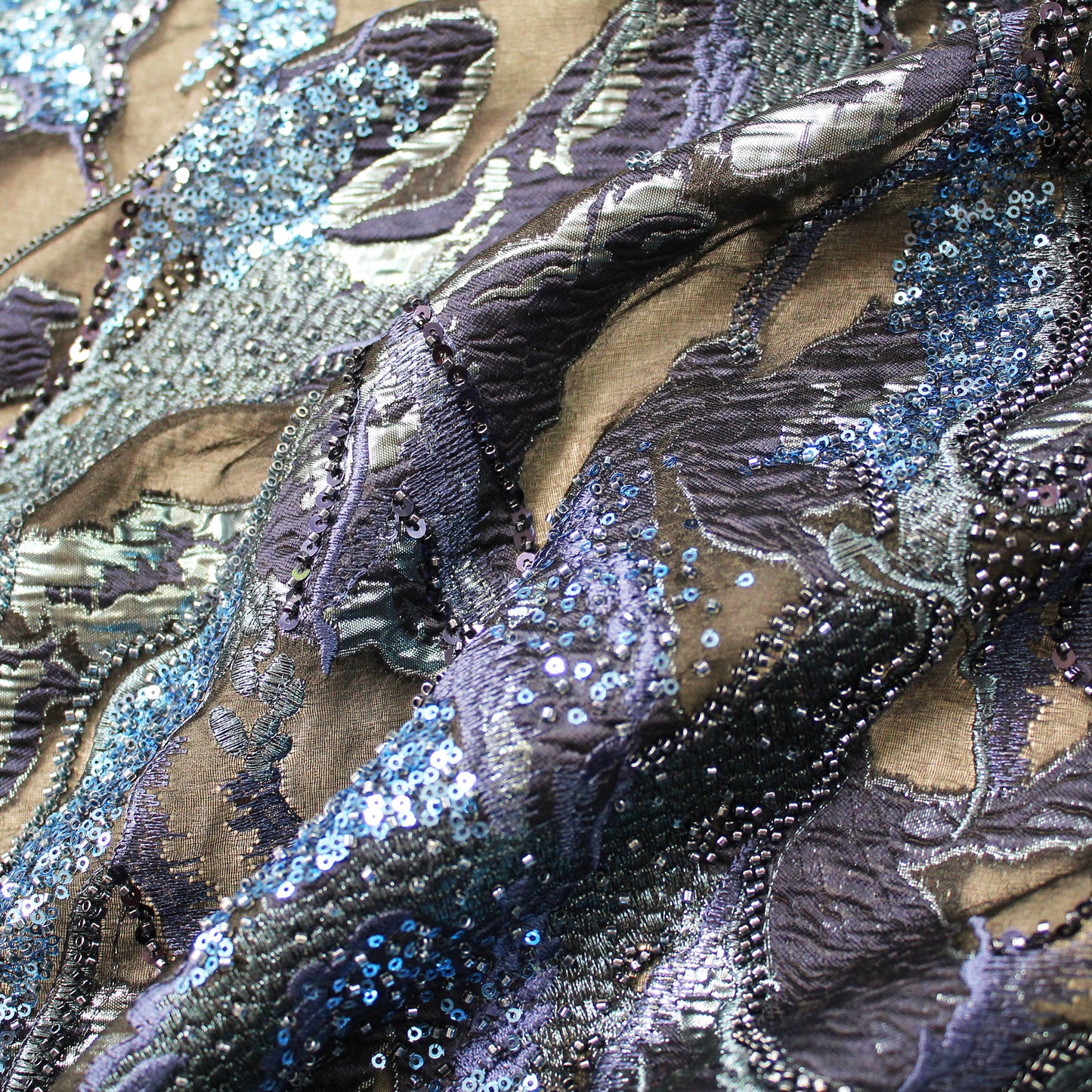 Luxury Brocade Fabric with Abstract Pattern, Paillettes, and Bead Embroidery