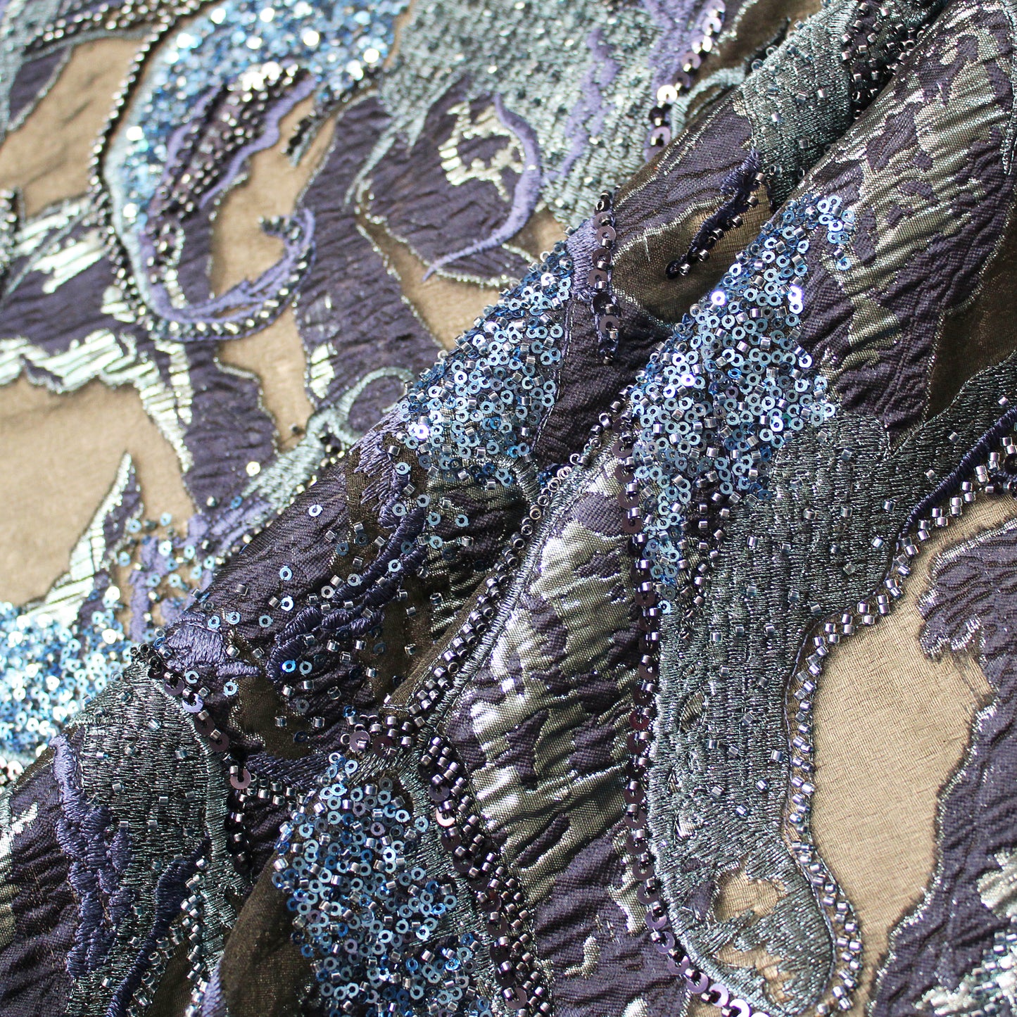 Luxury Brocade Fabric with Abstract Pattern, Paillettes, and Bead Embroidery