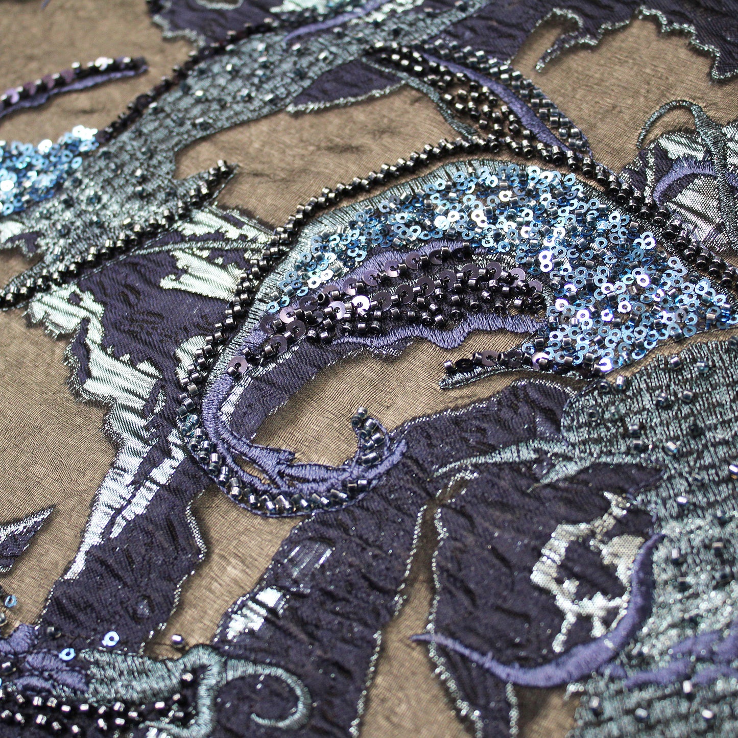 Luxury Brocade Fabric with Abstract Pattern, Paillettes, and Bead Embroidery