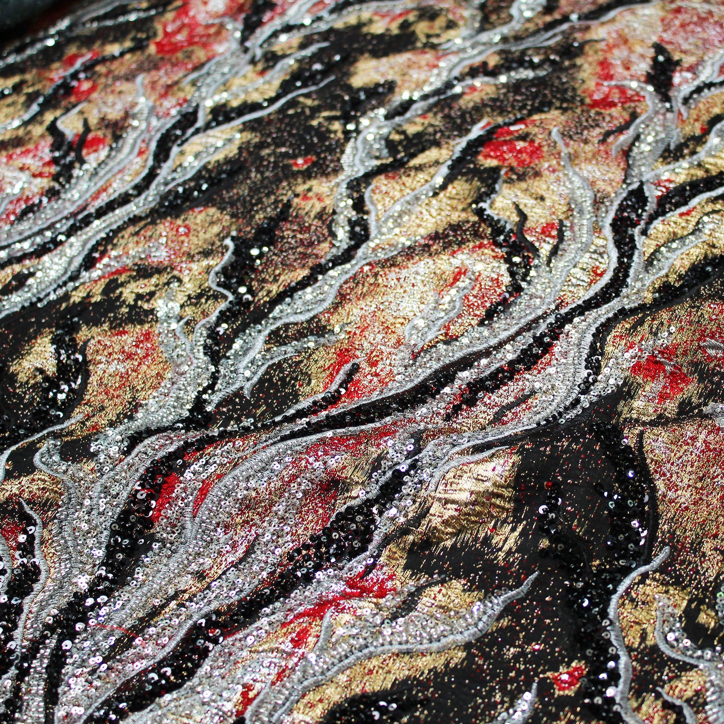 Embroidered Brocade Fabric with Corals and Copper Effect Sequins