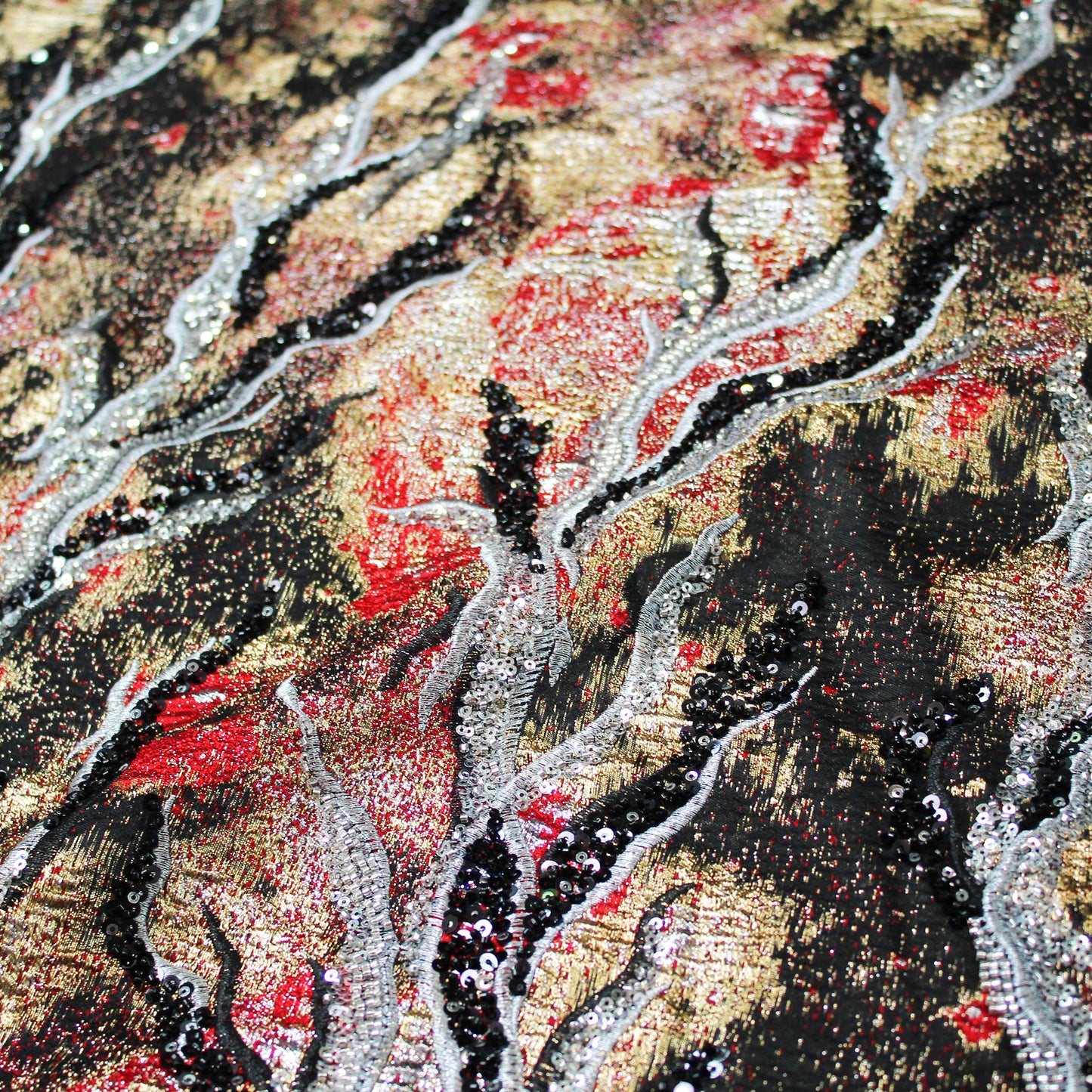 Embroidered Brocade Fabric with Corals and Copper Effect Sequins