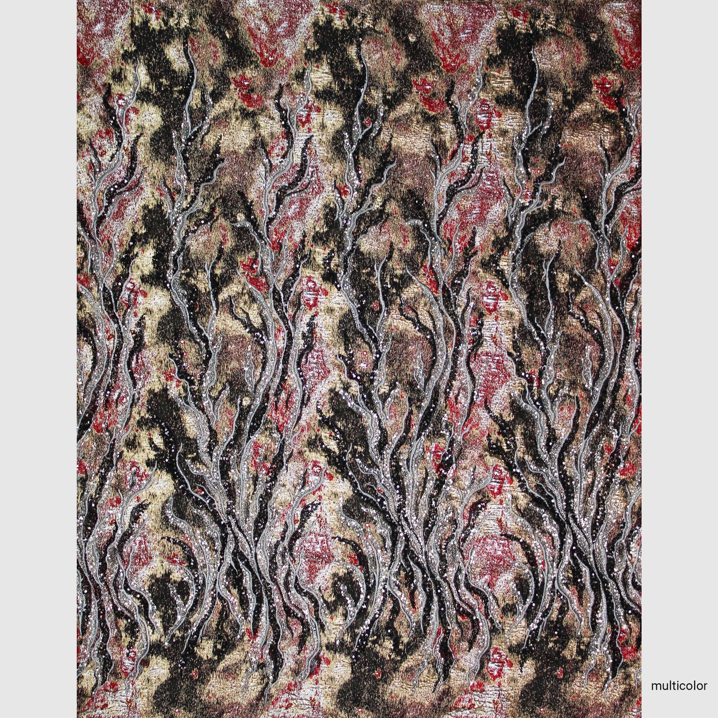 Embroidered Brocade Fabric with Corals and Copper Effect Sequins