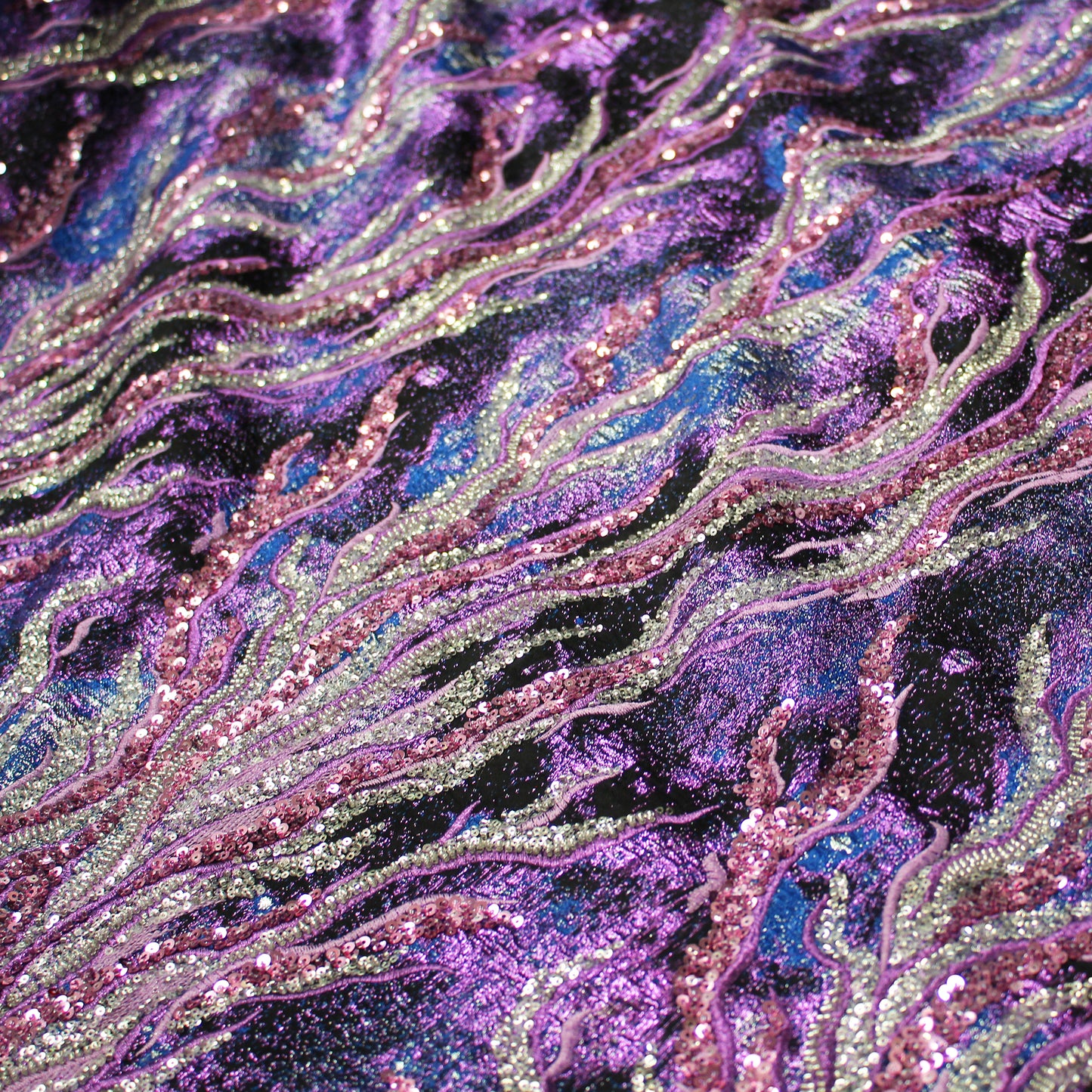 Embroidered Brocade Fabric with Corals and Copper Effect Sequins