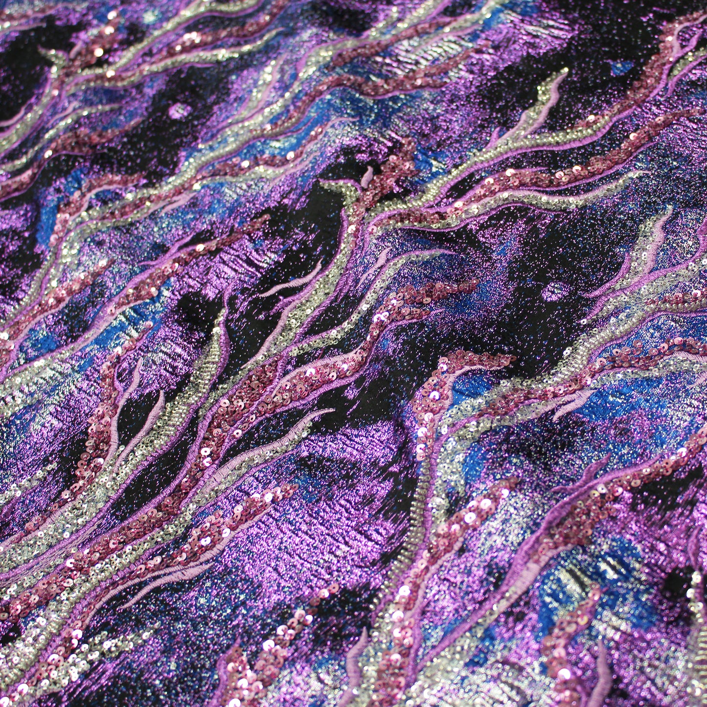 Embroidered Brocade Fabric with Corals and Copper Effect Sequins