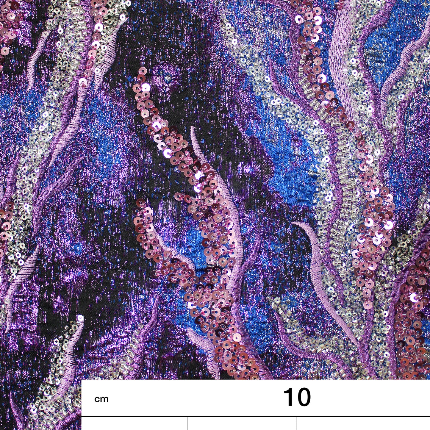Embroidered Brocade Fabric with Corals and Copper Effect Sequins