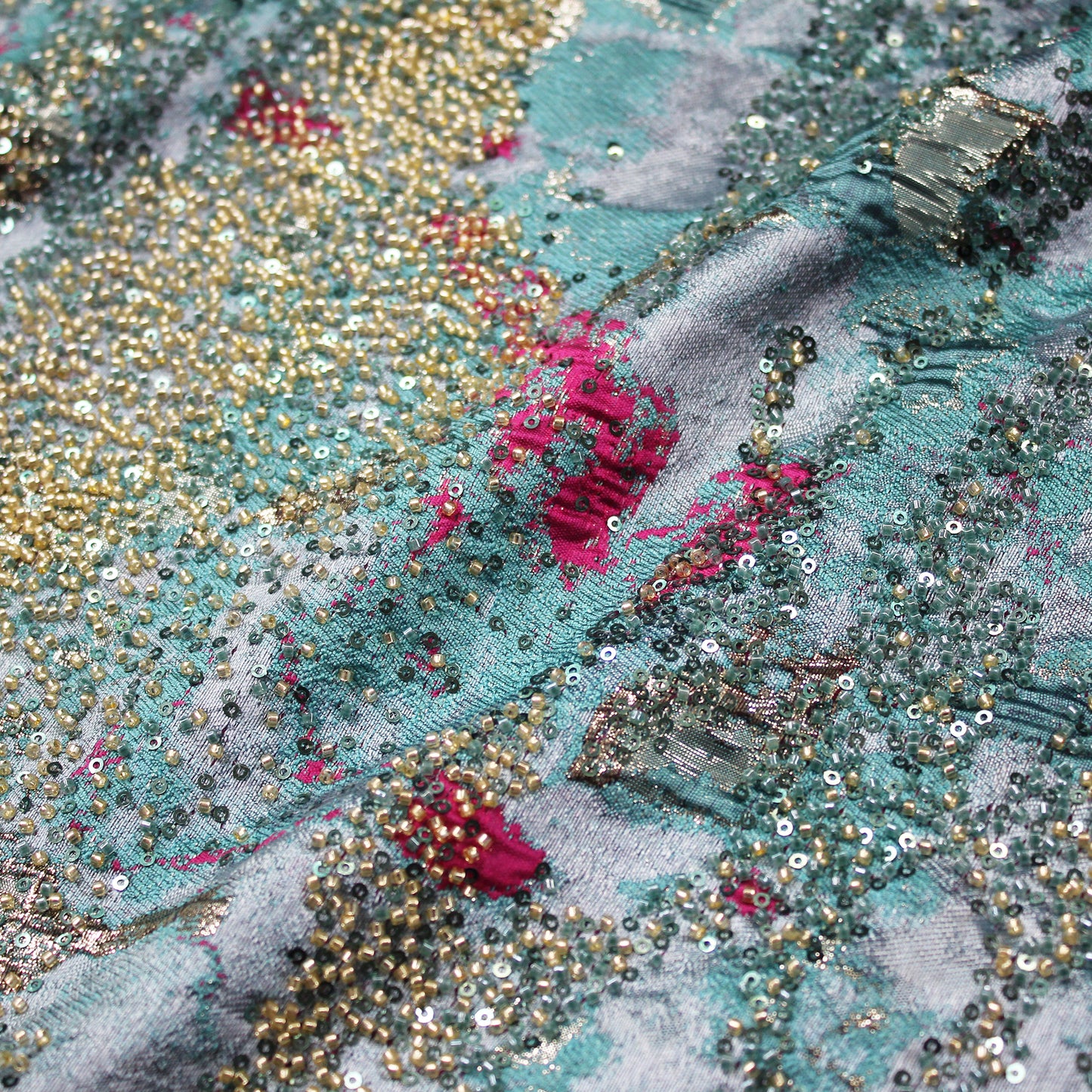 Embroidered Brocade Fabric with Abstract Pattern and Beads