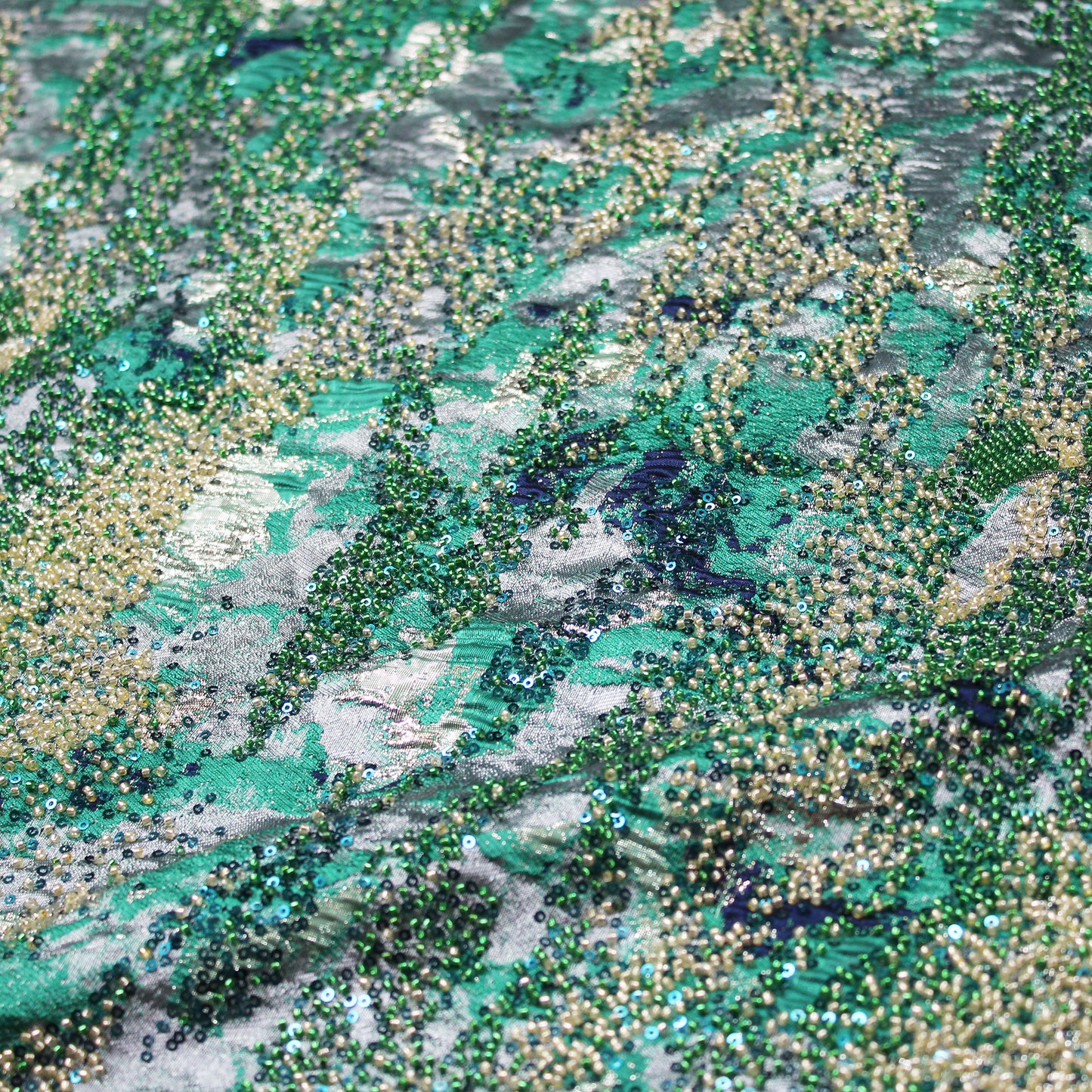 Embroidered Brocade Fabric with Abstract Pattern and Beads