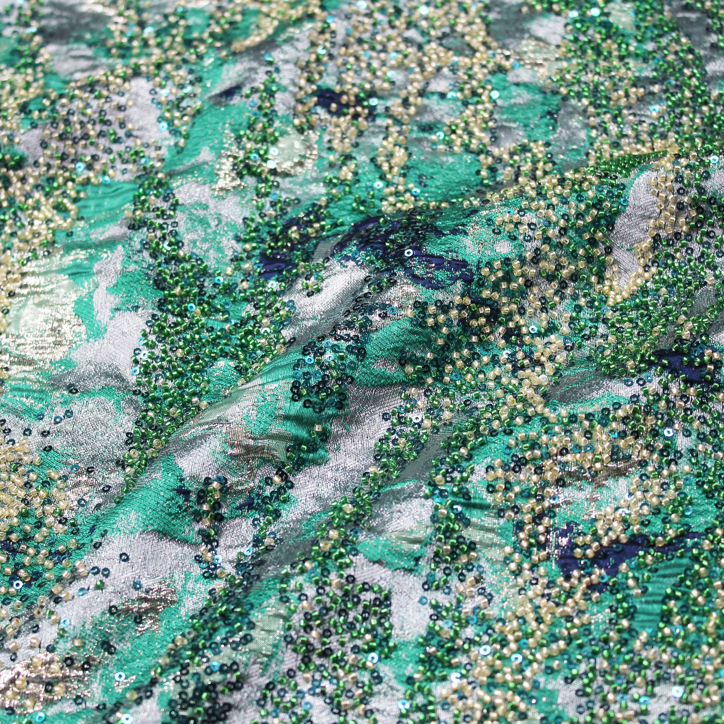 Embroidered Brocade Fabric with Abstract Pattern and Beads