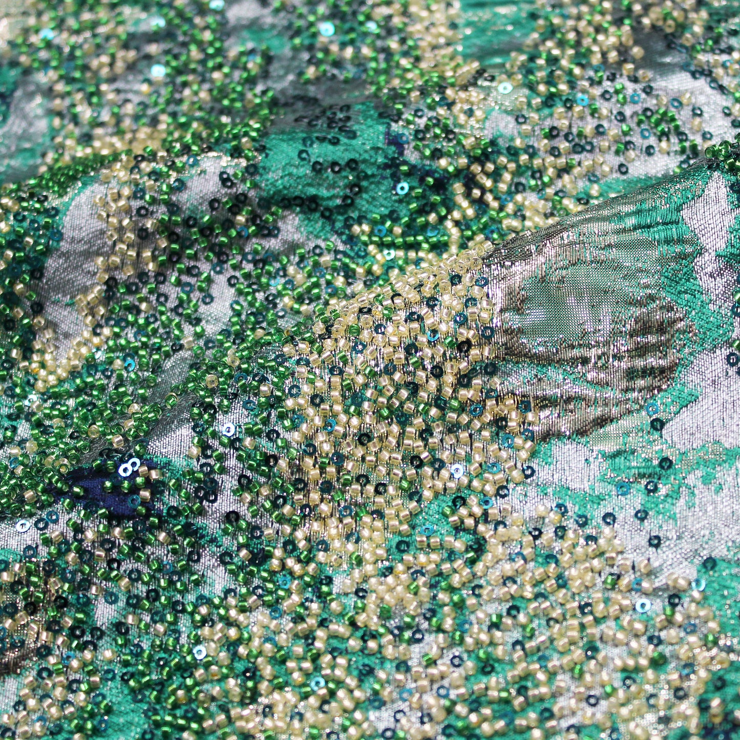 Embroidered Brocade Fabric with Abstract Pattern and Beads