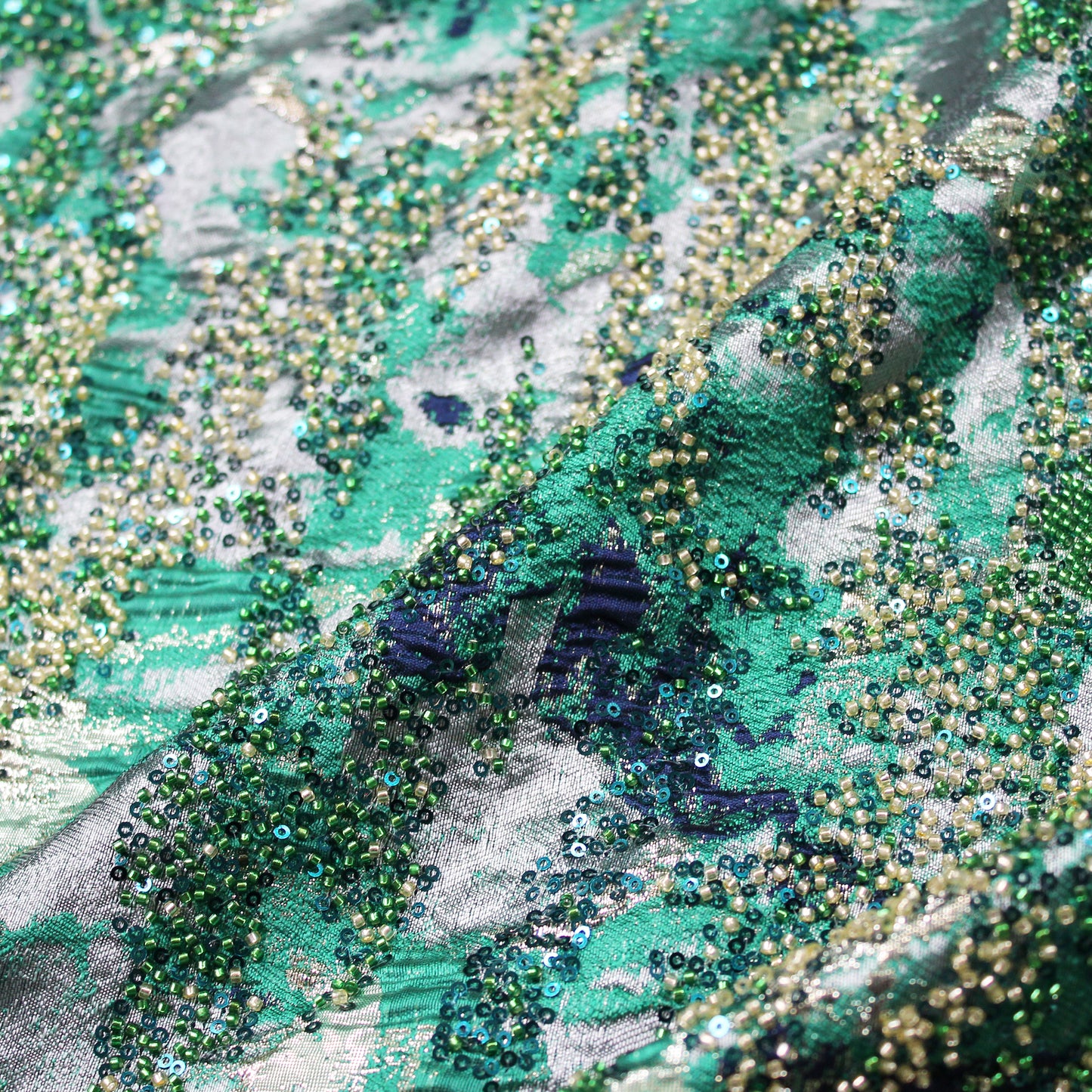 Embroidered Brocade Fabric with Abstract Pattern and Beads