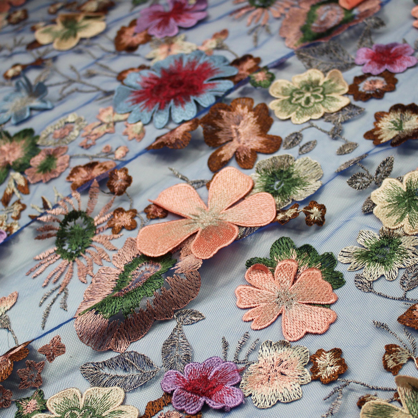 Blue Embroidered Tulle with 3D Multicolor Flowers
