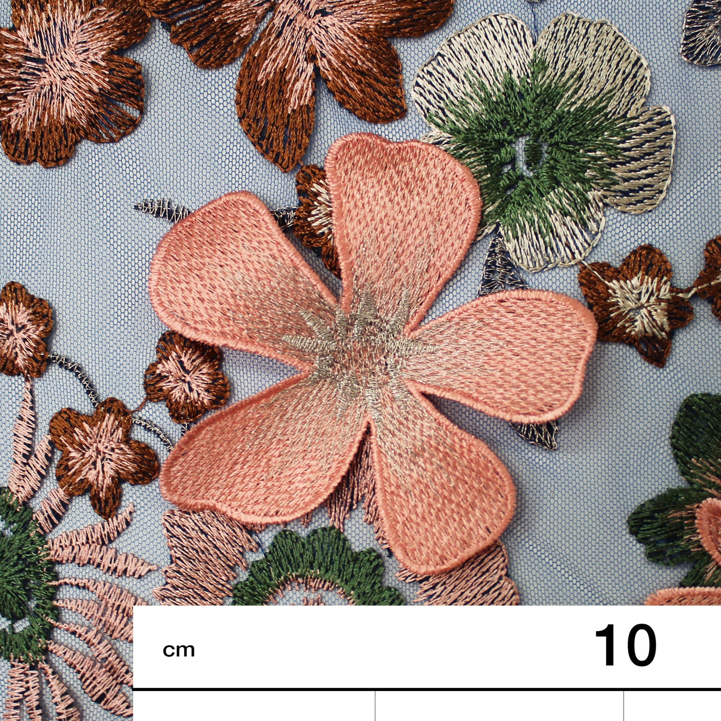 Blue Embroidered Tulle with 3D Multicolor Flowers
