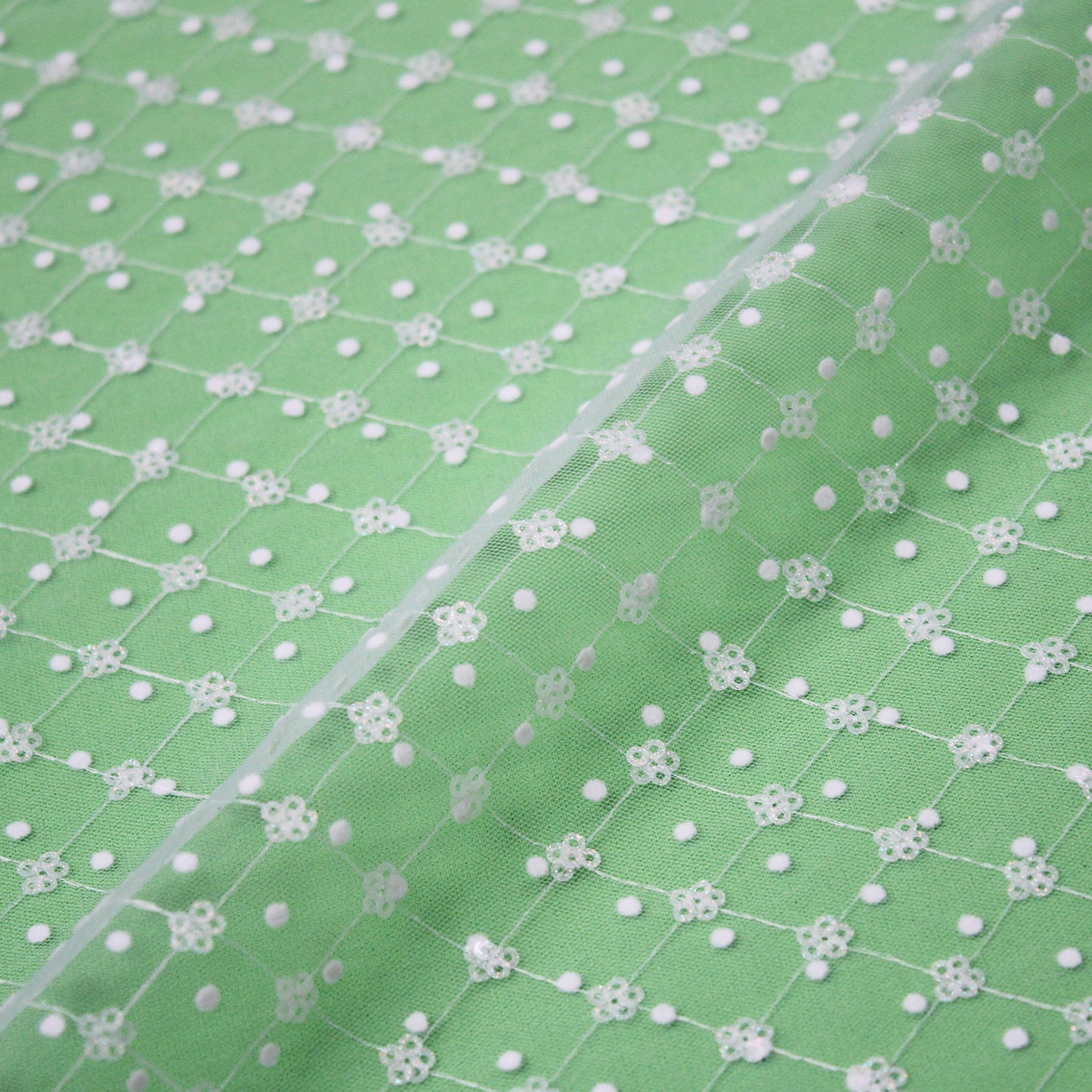 Flocked Tulle with Embroidered Polka Dots and Glitter Paillette Flowers