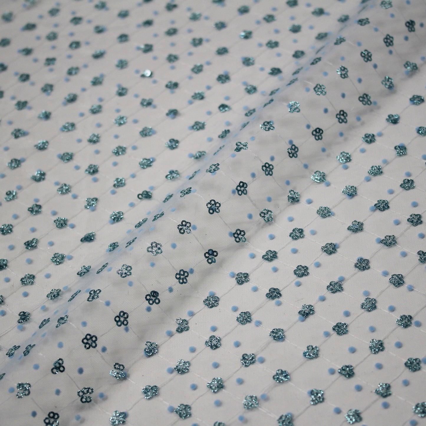 Flocked Tulle with Embroidered Polka Dots and Glitter Paillette Flowers