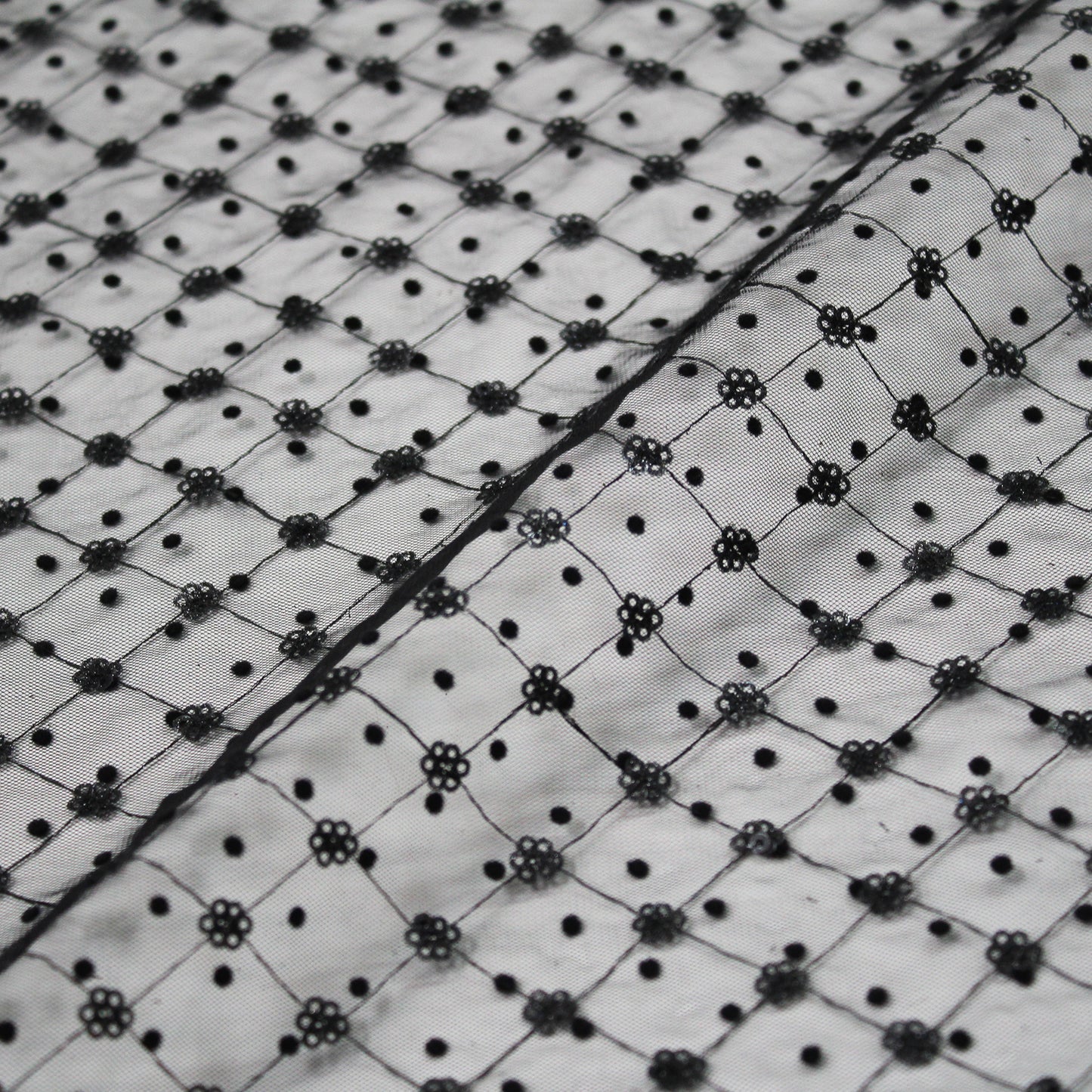 Flocked Tulle with Embroidered Polka Dots and Glitter Paillette Flowers