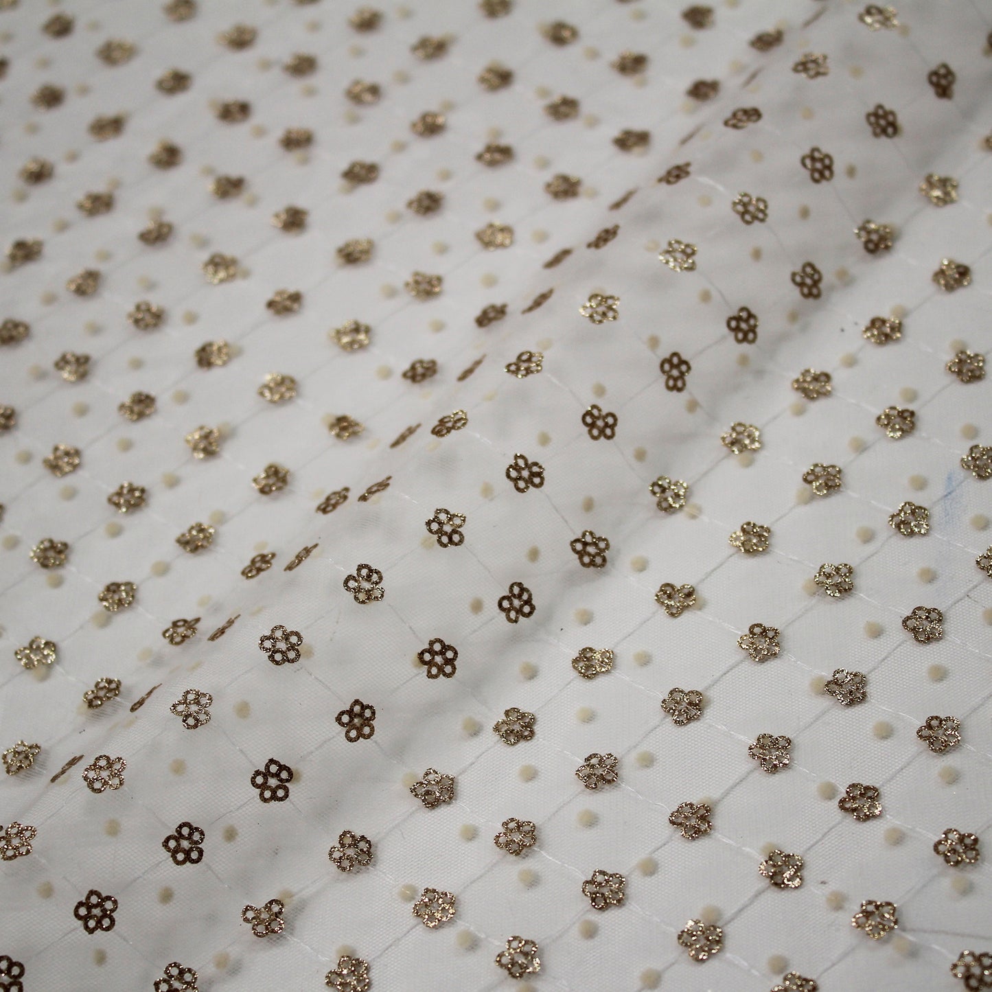 Flocked Tulle with Embroidered Polka Dots and Glitter Paillette Flowers