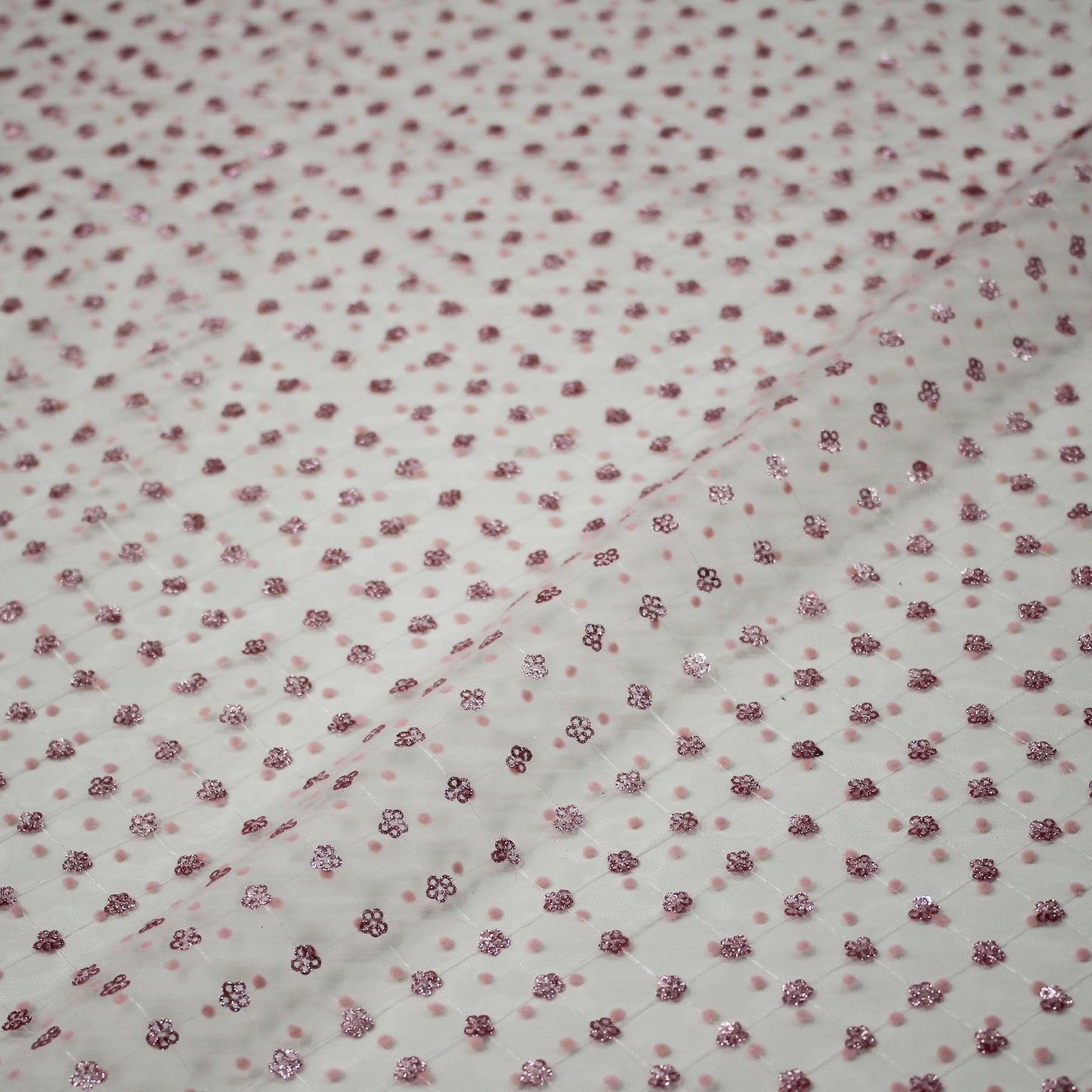 Flocked Tulle with Embroidered Polka Dots and Glitter Paillette Flowers