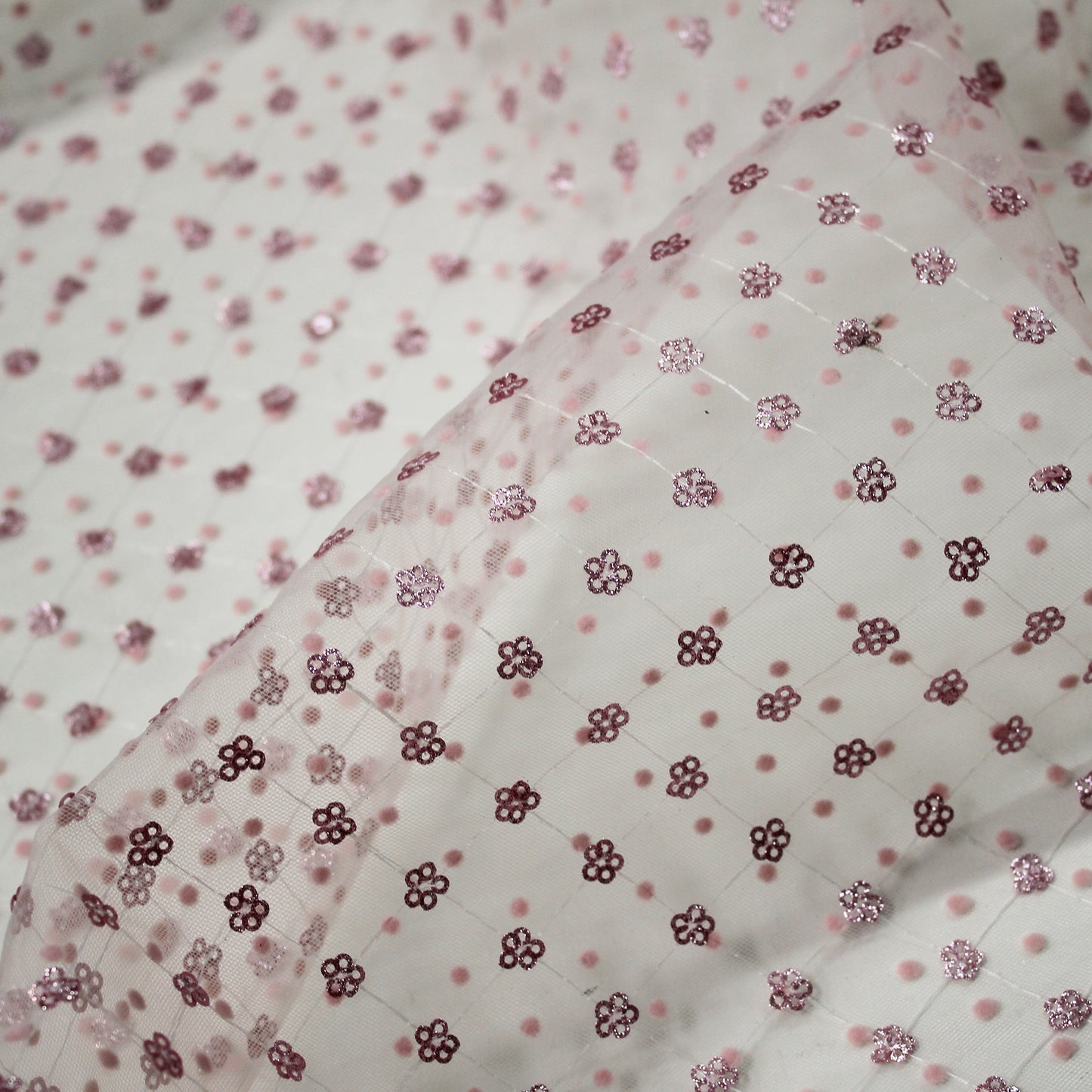 Flocked Tulle with Embroidered Polka Dots and Glitter Paillette Flowers