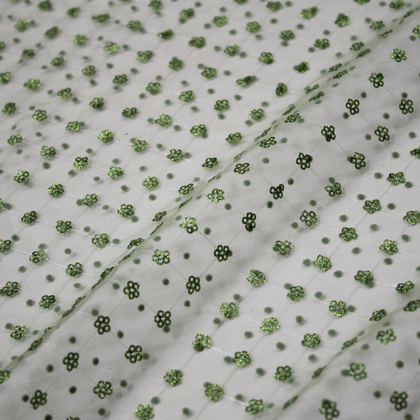Flocked Tulle with Embroidered Polka Dots and Glitter Paillette Flowers