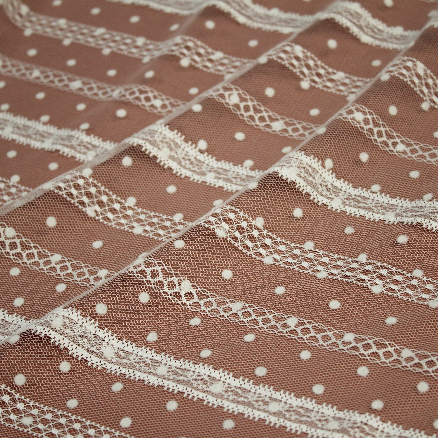 Flock Polka Dot Tulle with Ribbon Effect Embroidery