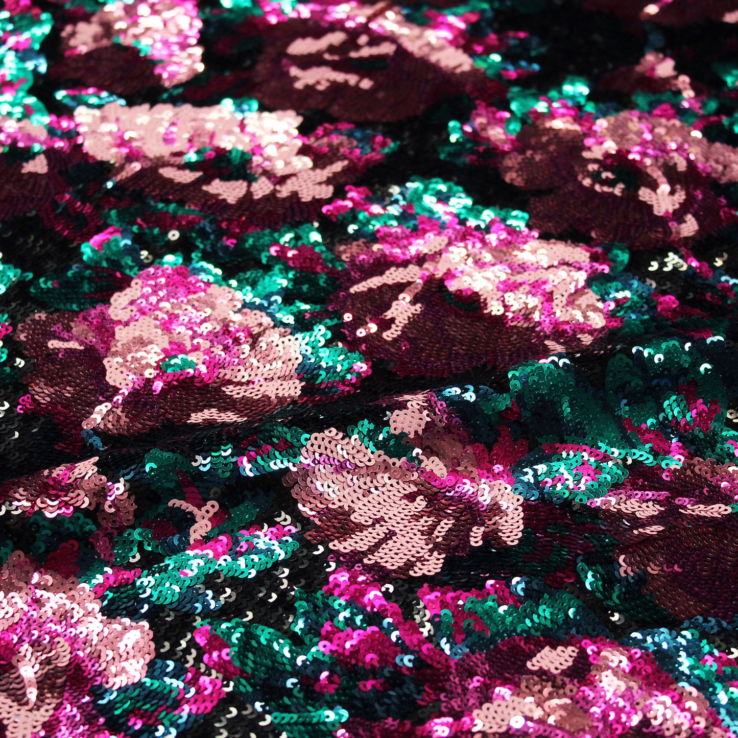 Black Embroidered Tulle with Full-Field Paillettes and Large Multicolor Flowers