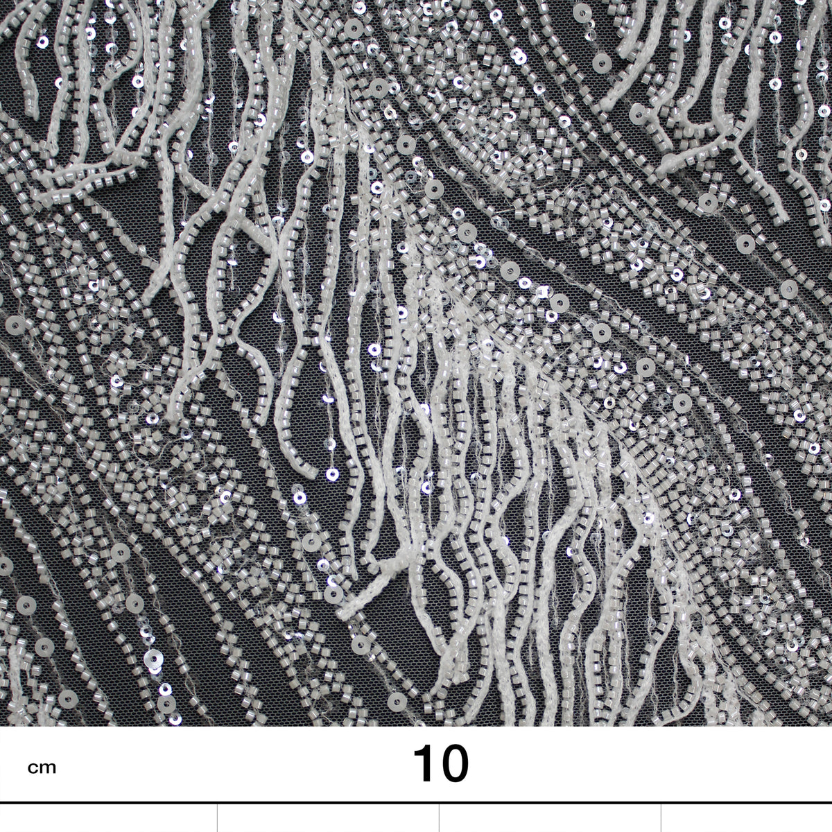 Haute Couture Tulle | All-Over Embroidered Tulle with Abstract Wavy Diagonal Bands, Sequins & Seed Bead Fringes | TRW4071