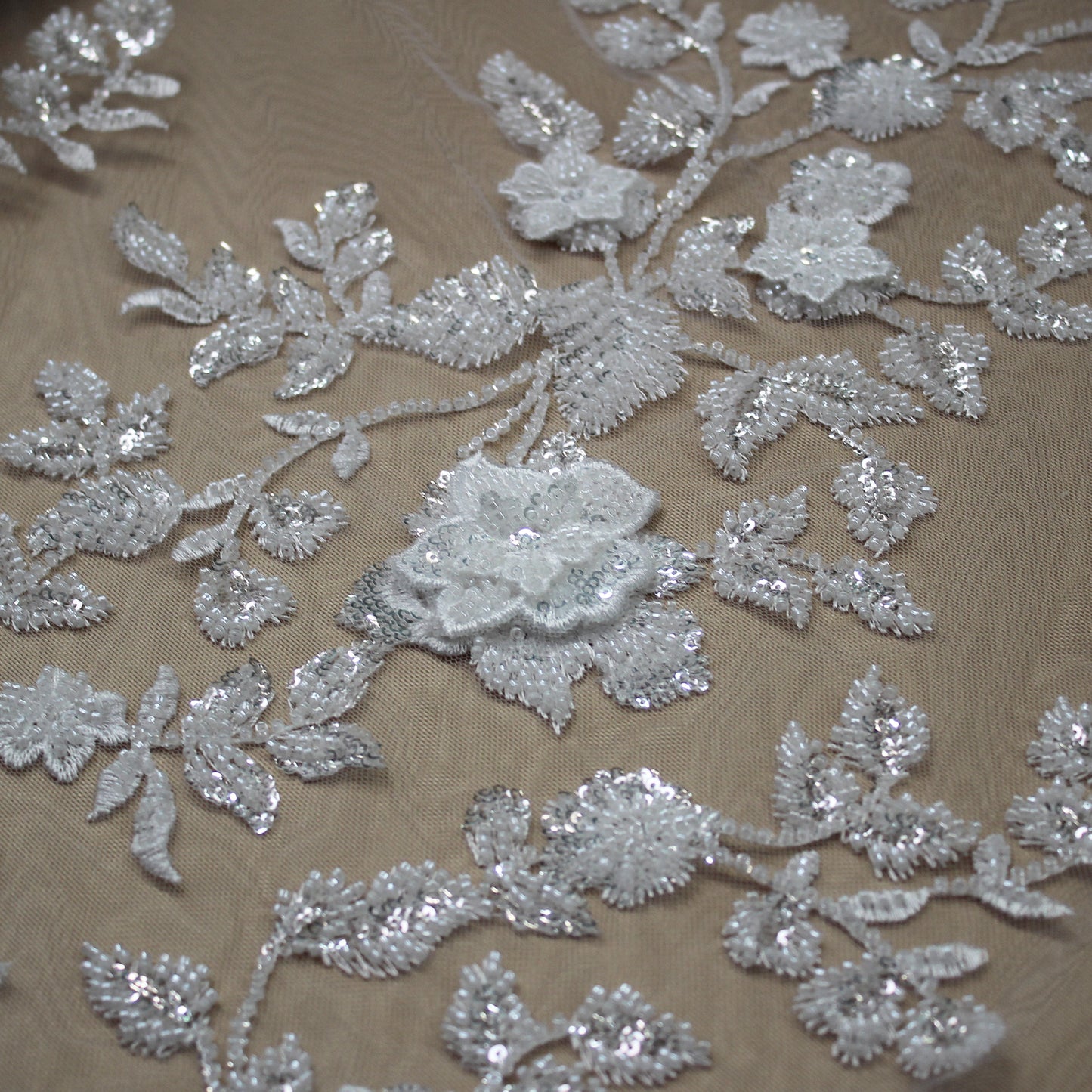 Embroidered Tulle with 3D Floral Degradé, Paillettes, and Corals