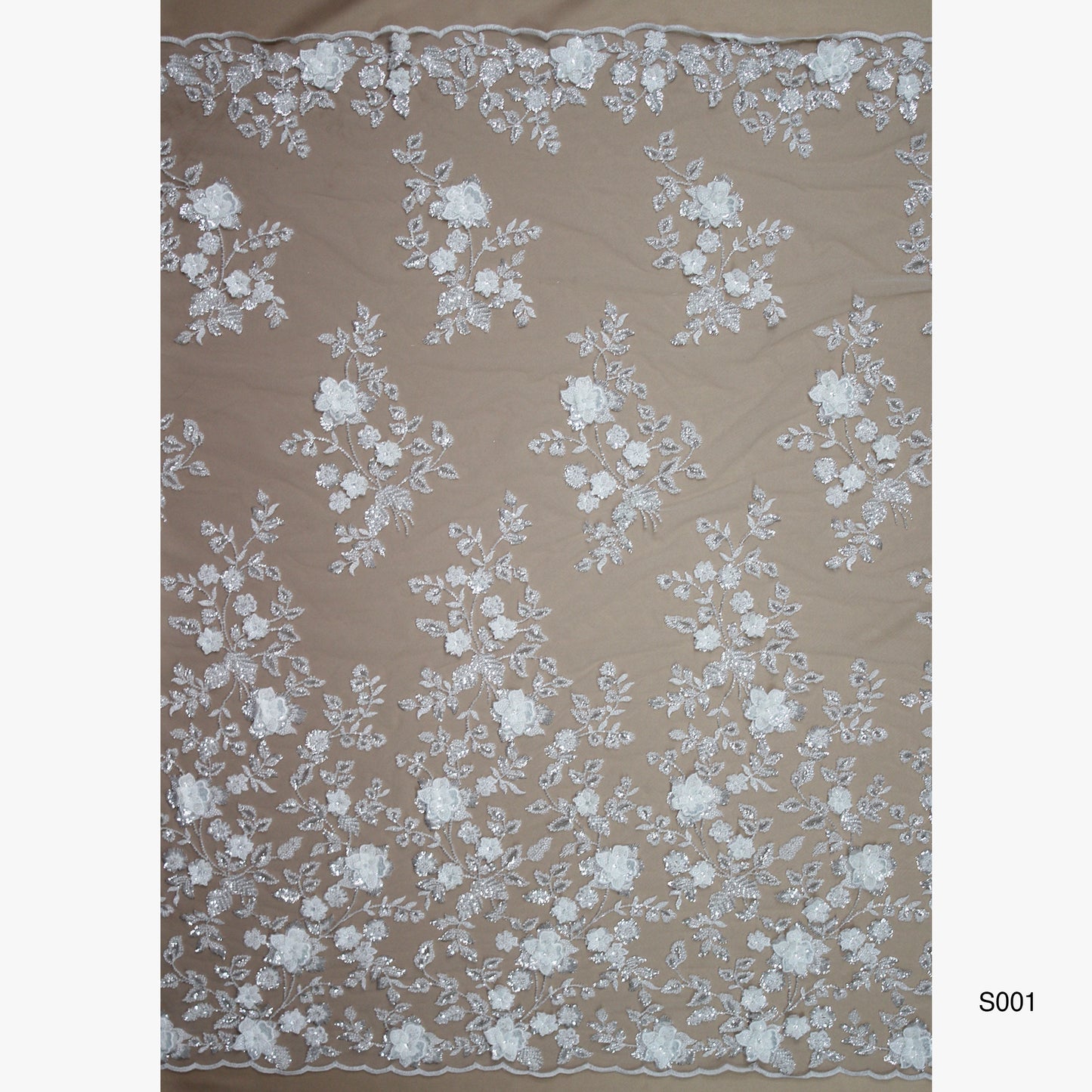 Embroidered Tulle with 3D Floral Degradé, Paillettes, and Corals