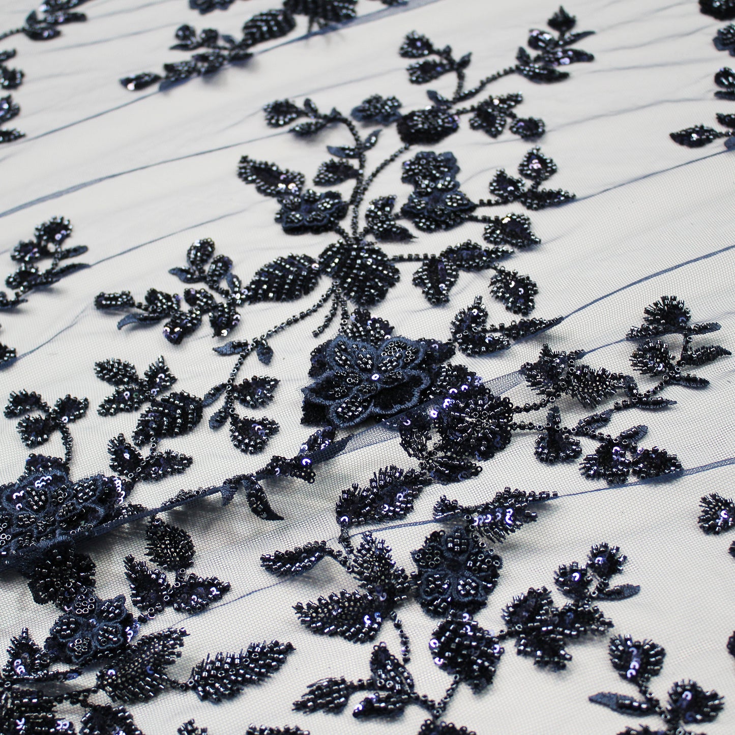 Embroidered Tulle with 3D Floral Degradé, Paillettes, and Corals