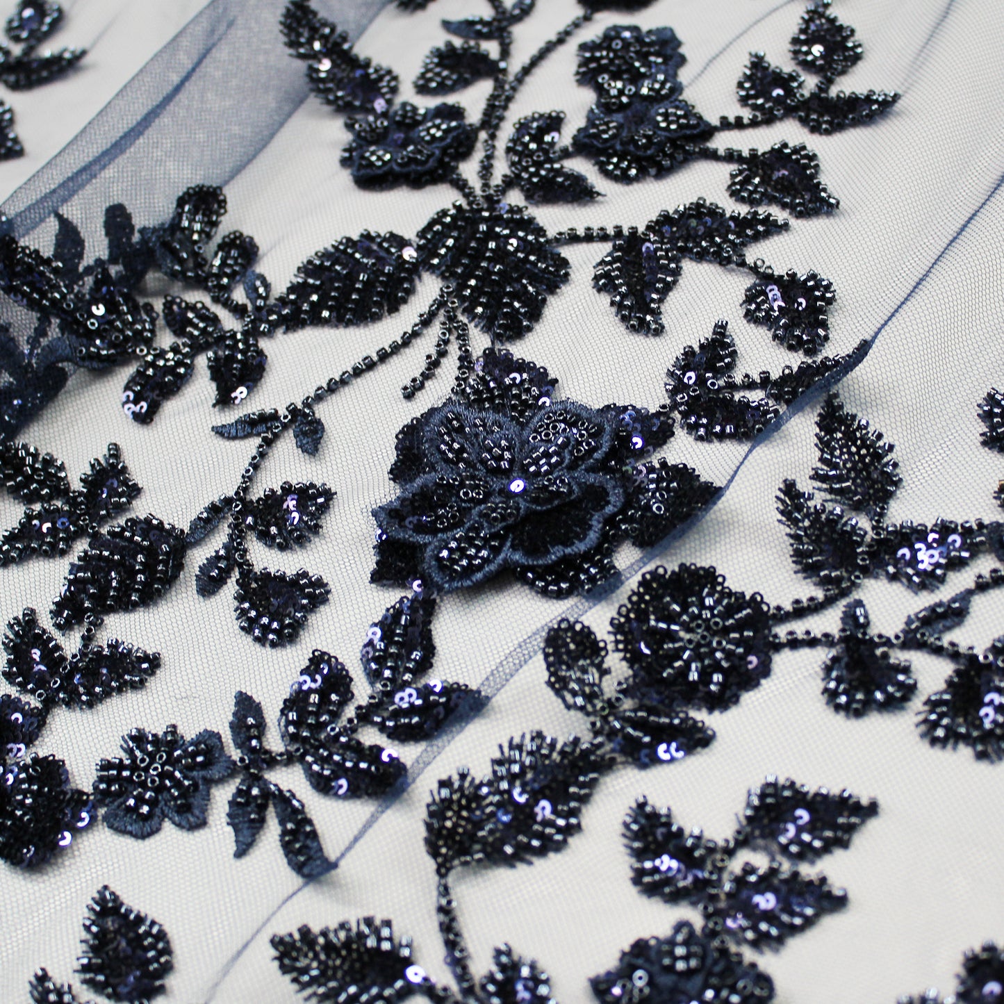 Embroidered Tulle with 3D Floral Degradé, Paillettes, and Corals