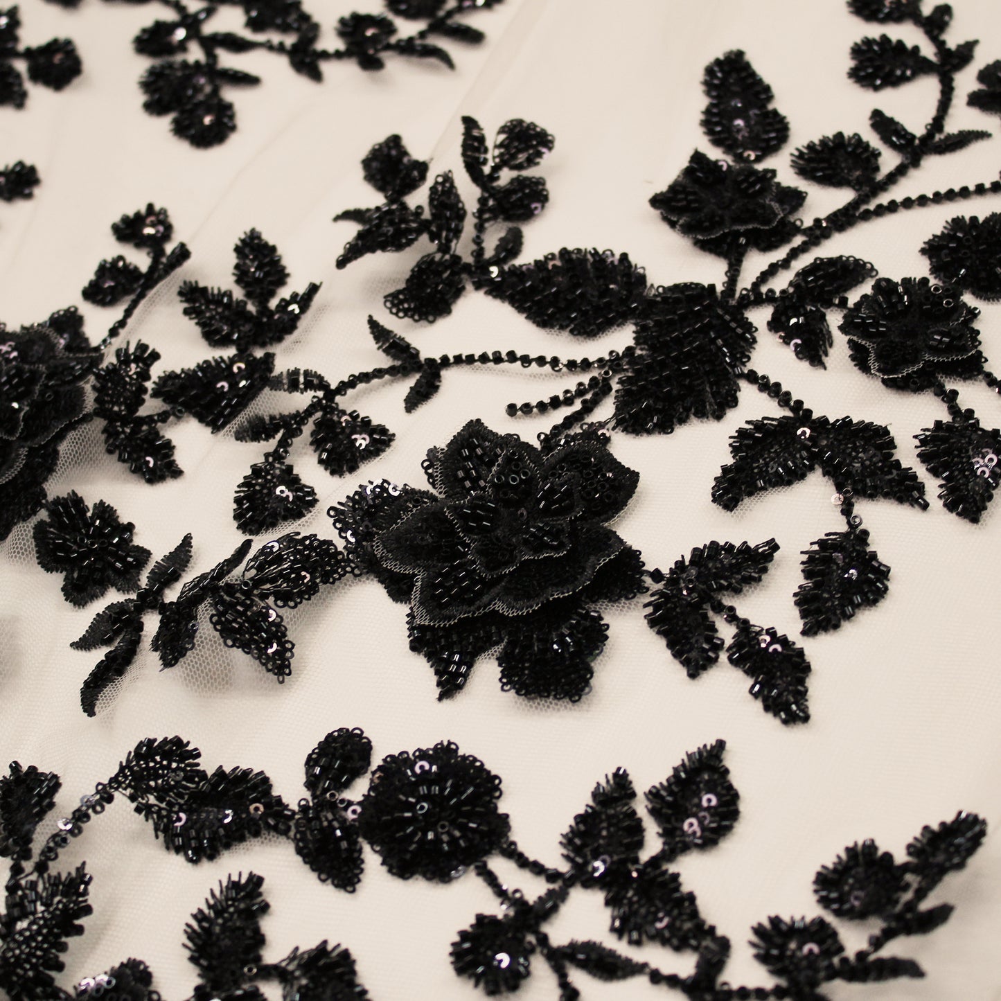 Embroidered Tulle with 3D Floral Degradé, Paillettes, and Corals