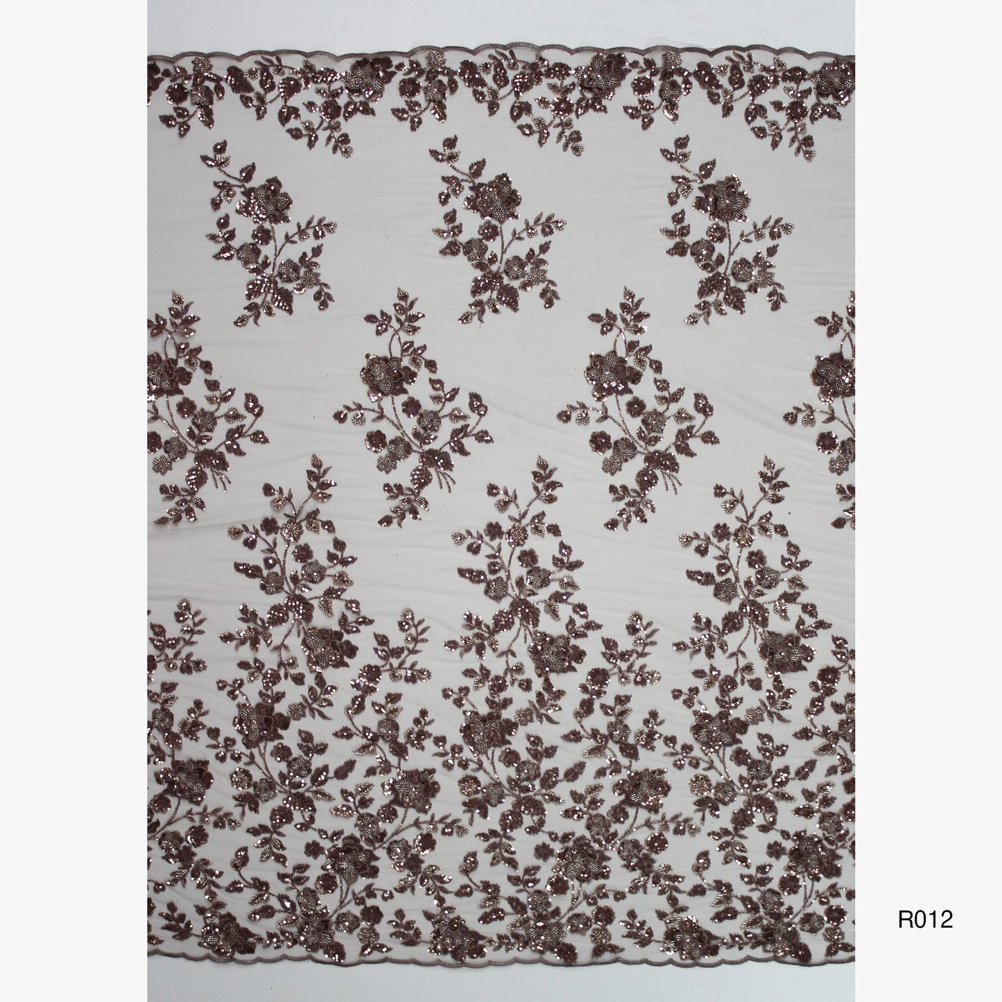 Embroidered Tulle with 3D Floral Degradé, Paillettes, and Corals
