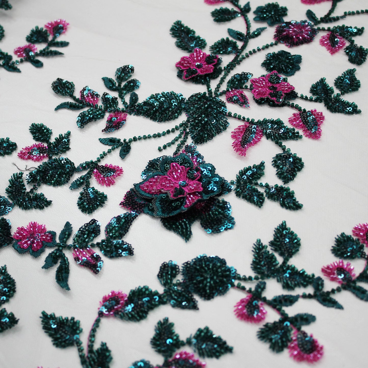 Embroidered Tulle with 3D Floral Degradé, Paillettes, and Corals