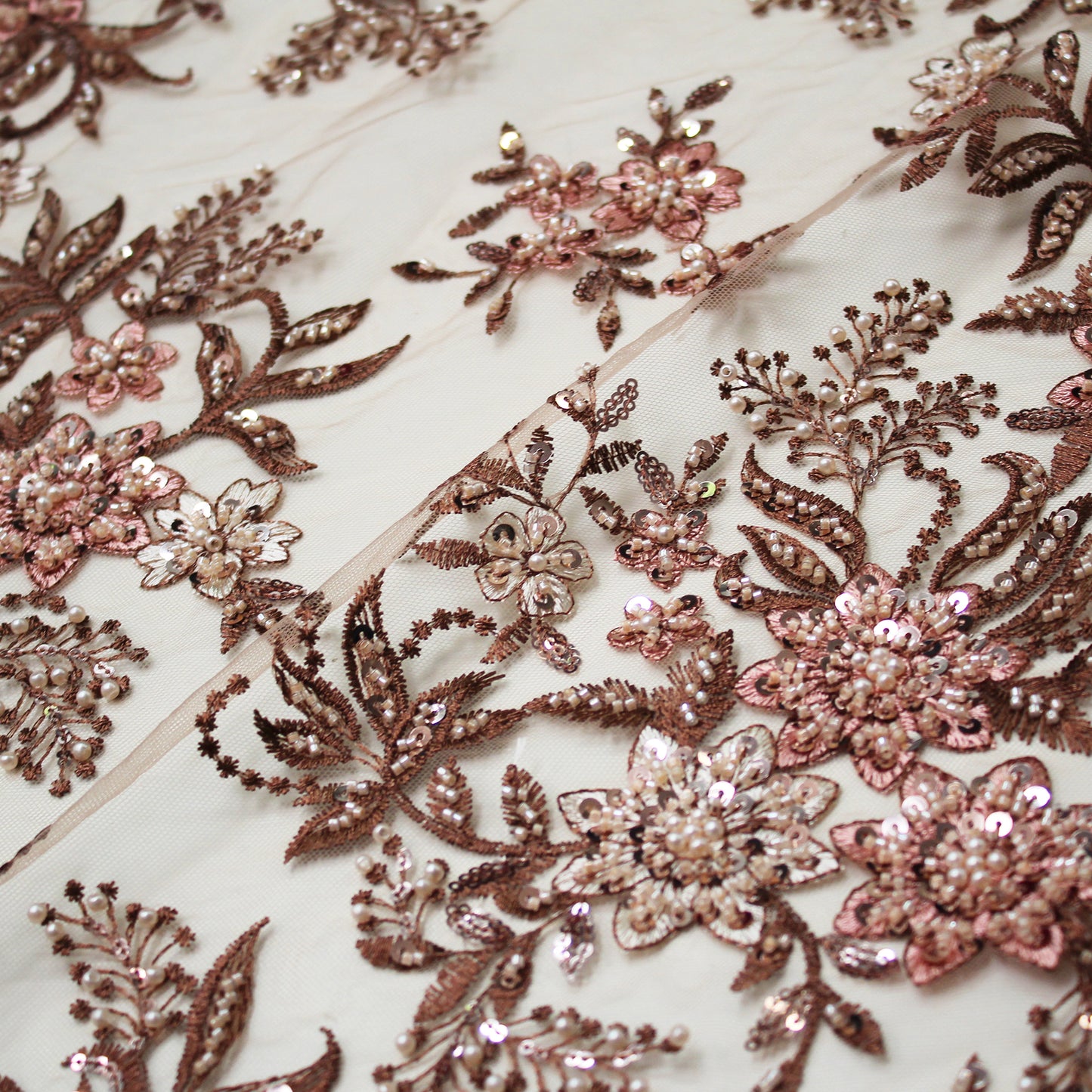 Embroidered Tulle with Star Flowers, Paillettes, Corals, and Beads