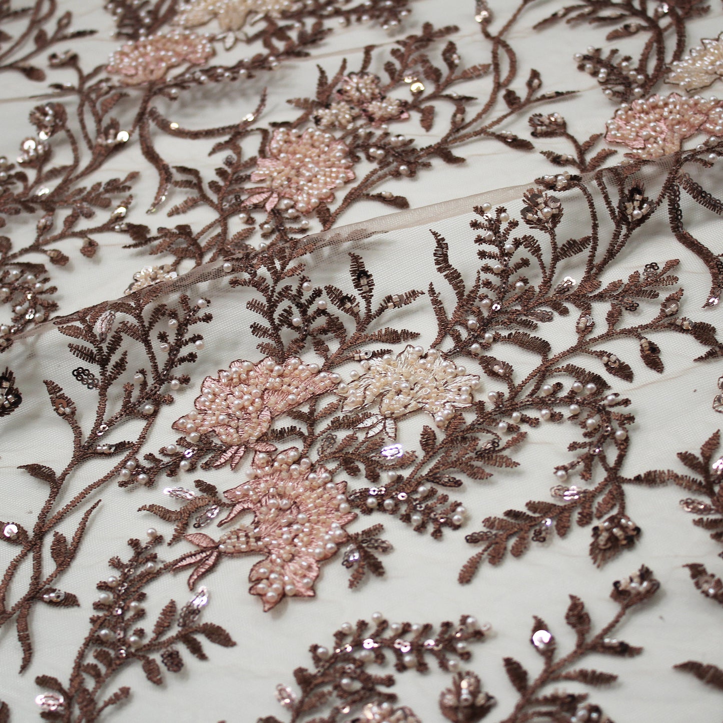 Embroidered Tulle with Fan Flowers, Paillettes, Corals, and Beads
