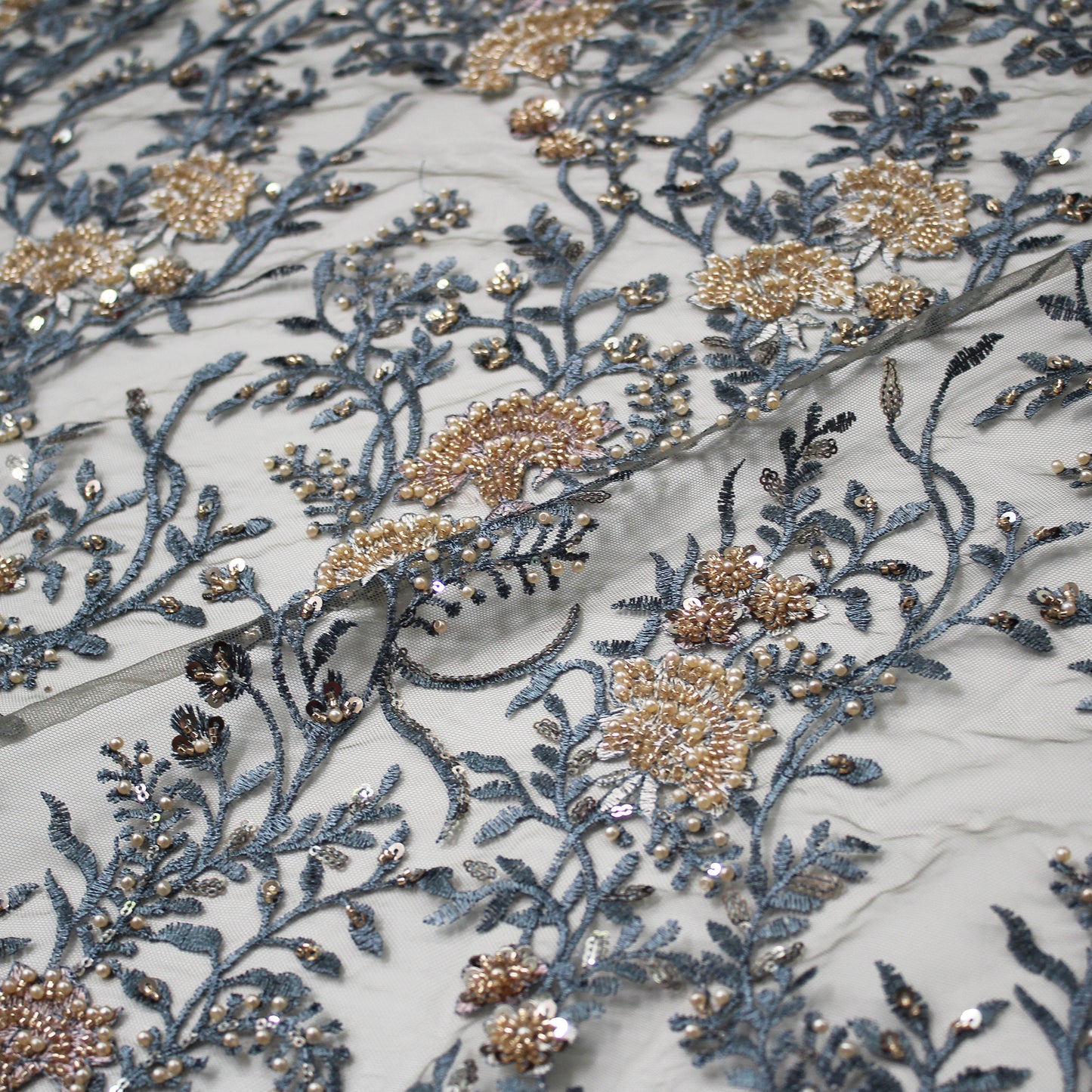 Embroidered Tulle with Fan Flowers, Paillettes, Corals, and Beads