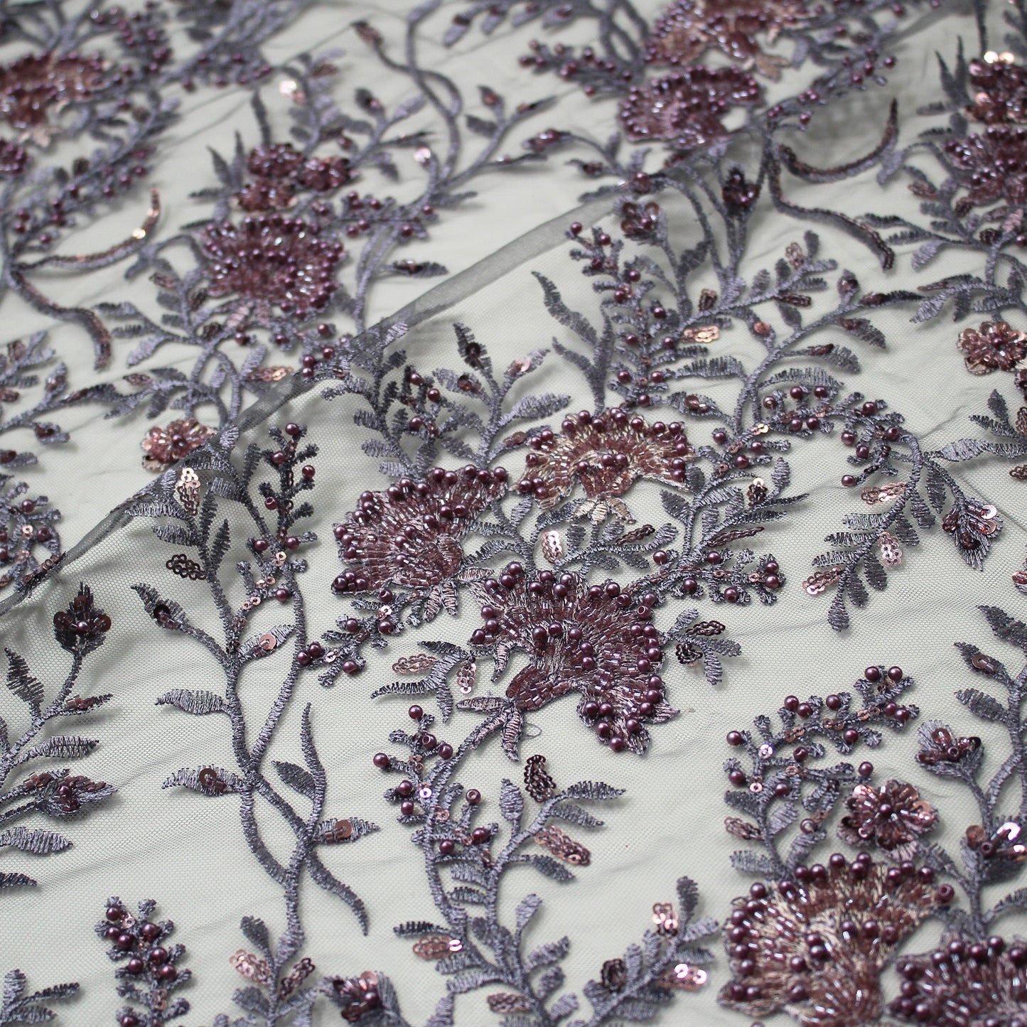 Embroidered Tulle with Fan Flowers, Paillettes, Corals, and Beads