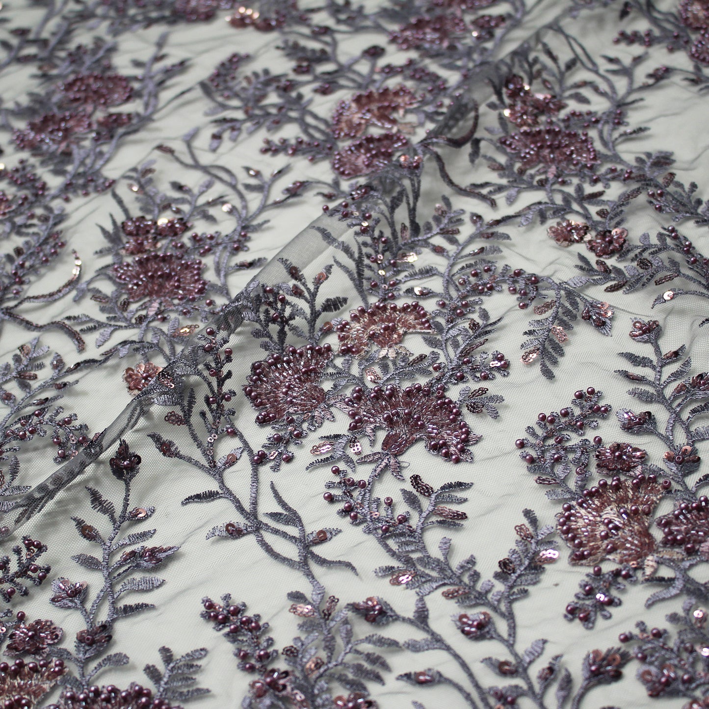 Embroidered Tulle with Fan Flowers, Paillettes, Corals, and Beads