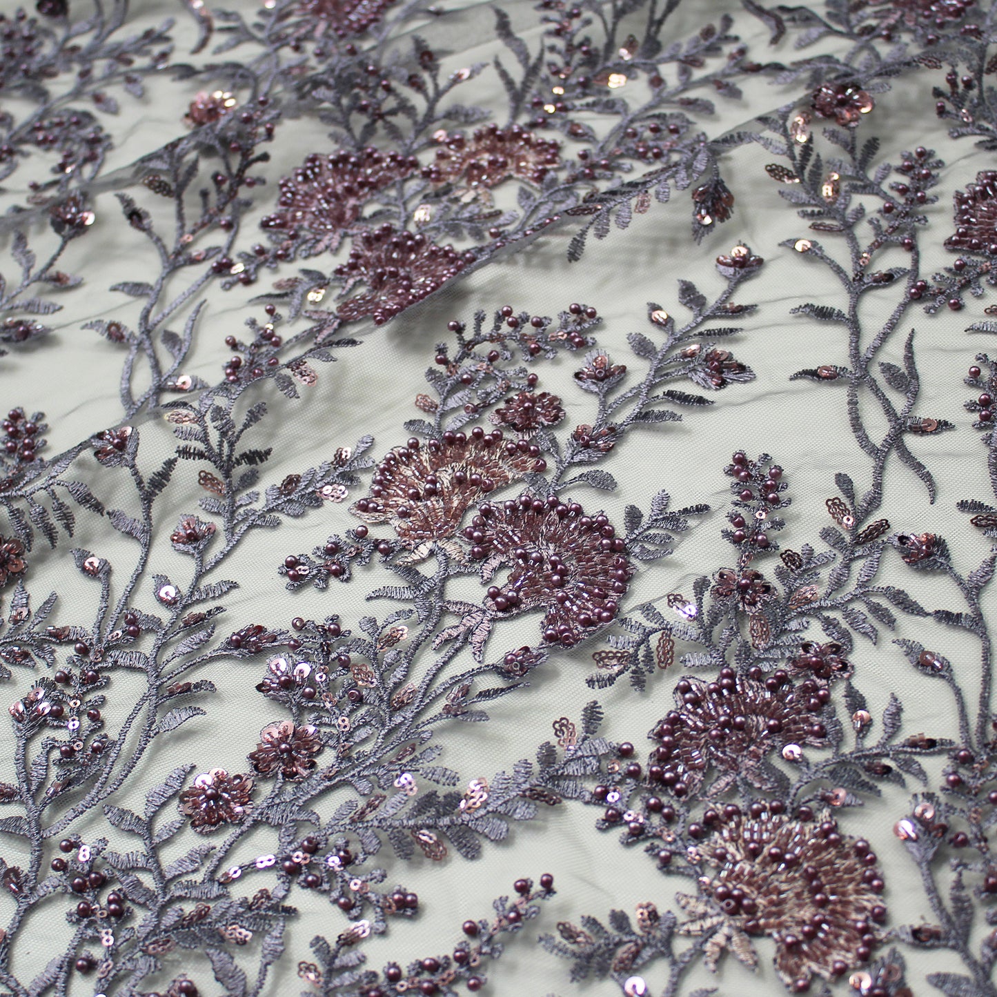 Embroidered Tulle with Fan Flowers, Paillettes, Corals, and Beads