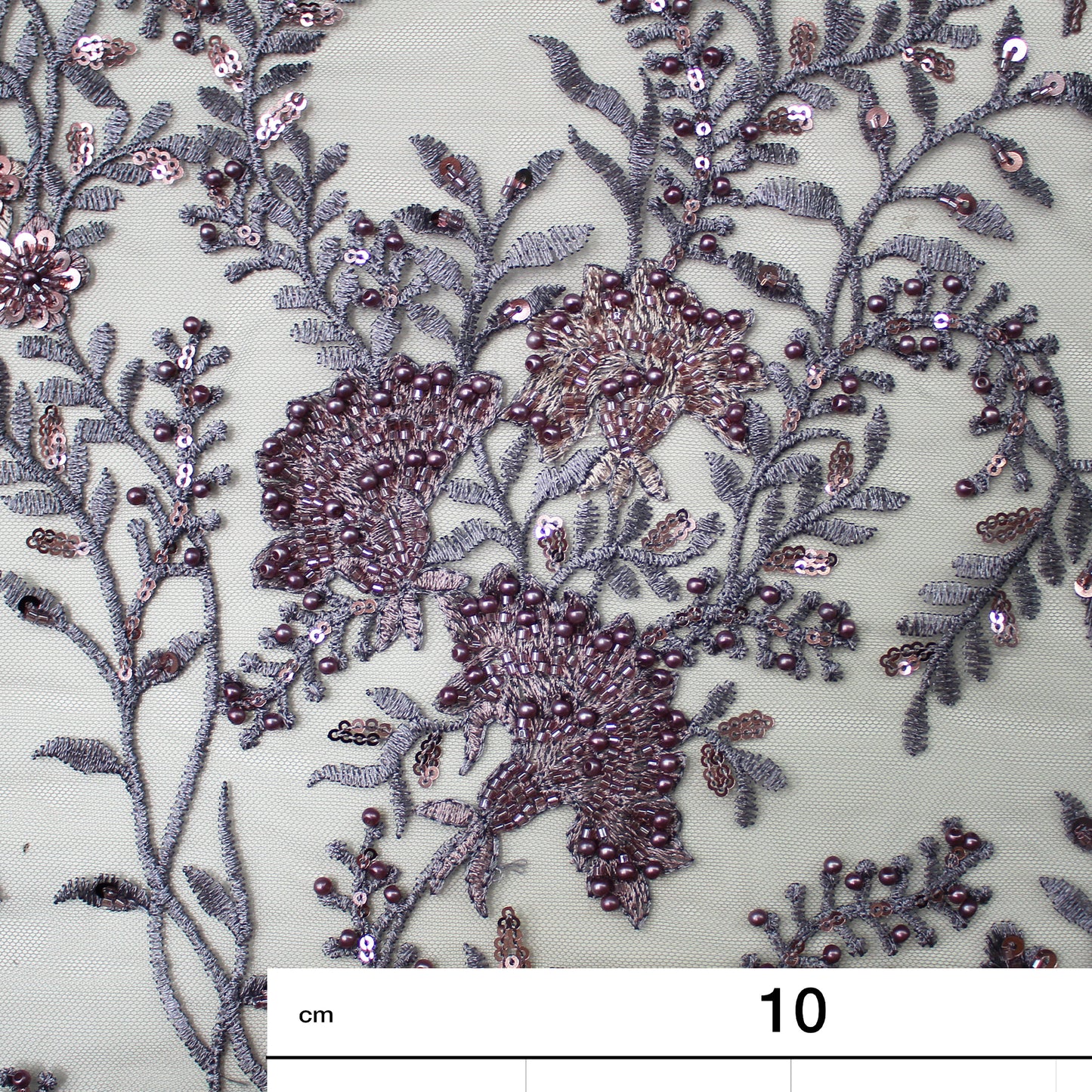 Embroidered Tulle with Fan Flowers, Paillettes, Corals, and Beads