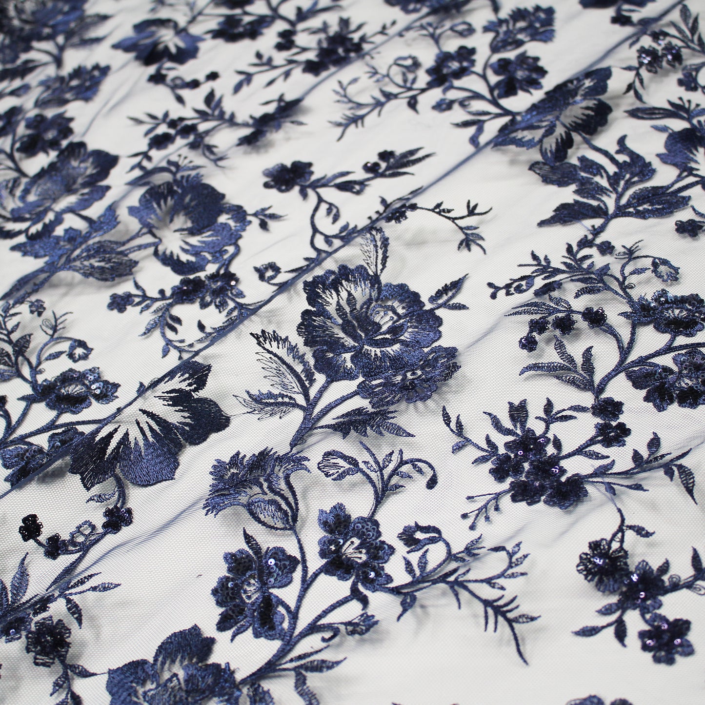 Embroidered Tulle with Shiny Thread and Sequin Flowers