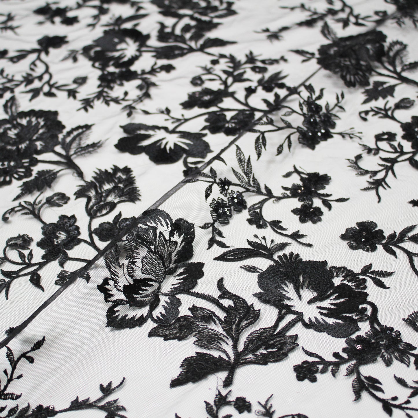 Embroidered Tulle with Shiny Thread and Sequin Flowers